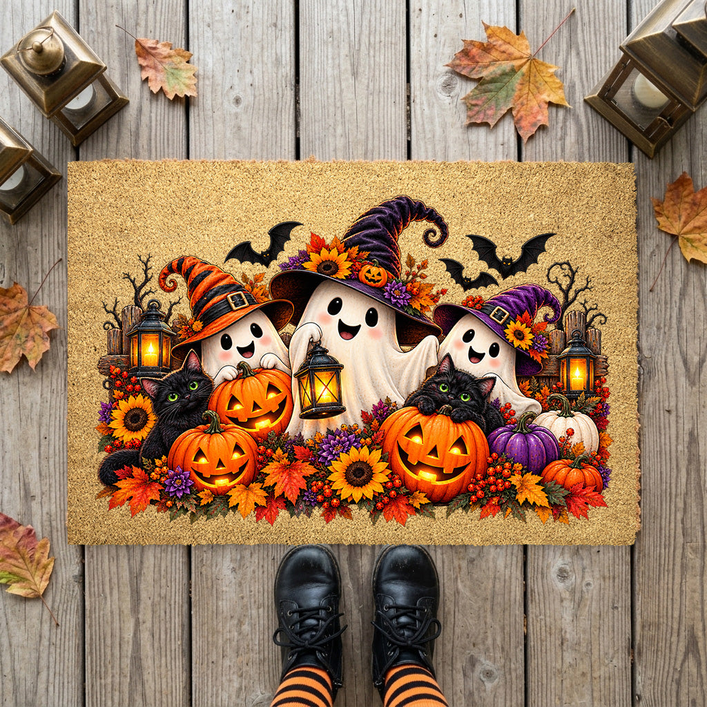 Halloween Ghost Doormat, Black Cat & Pumpkin Coir Mat, Cute Spooky Welcome Mat, Witch Ghost Fall Porch Decor, Halloween Door Mat
