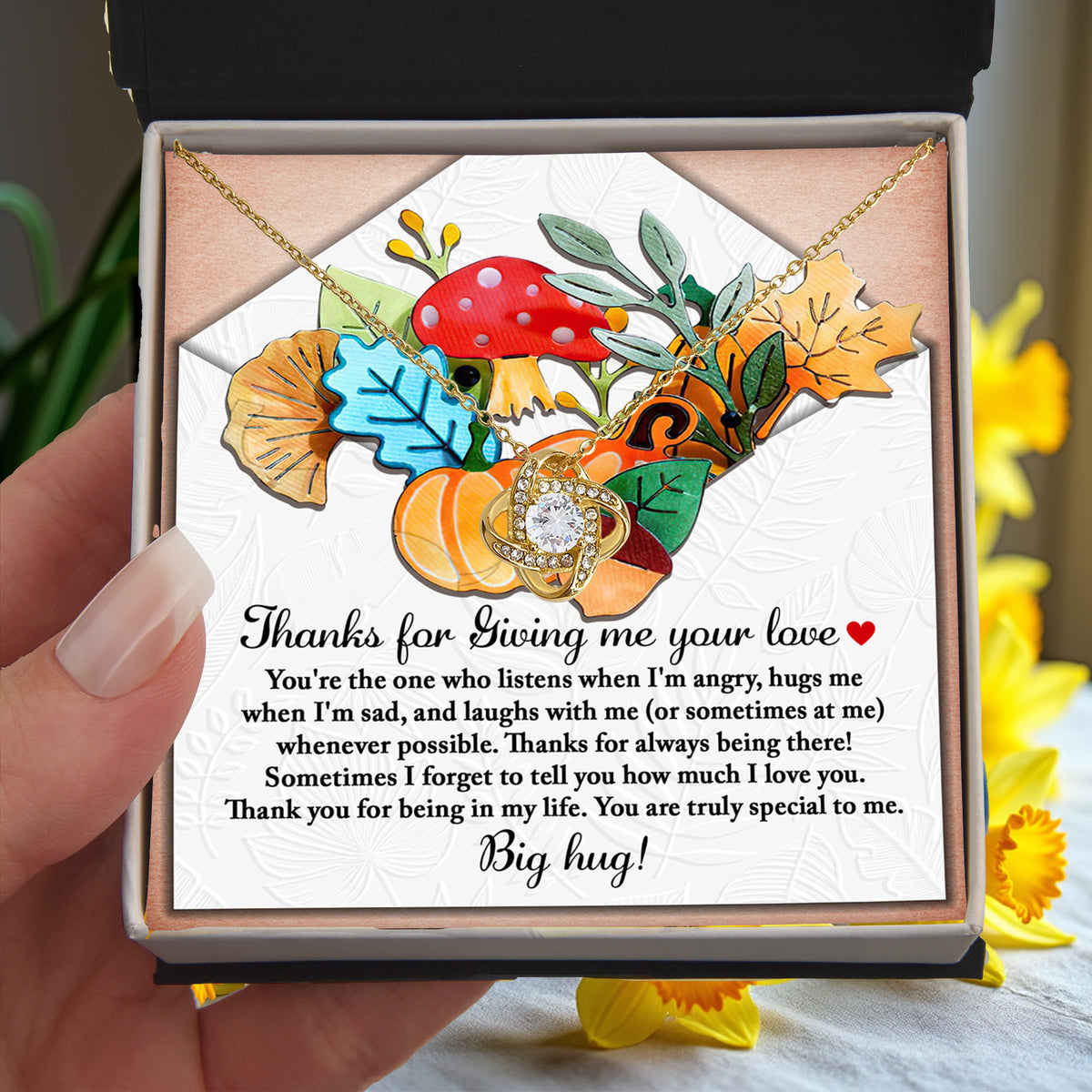 Thanks for Giving Me Your Love Gold Love Knot Necklace – Big Hug Thanksgiving Gift for Her