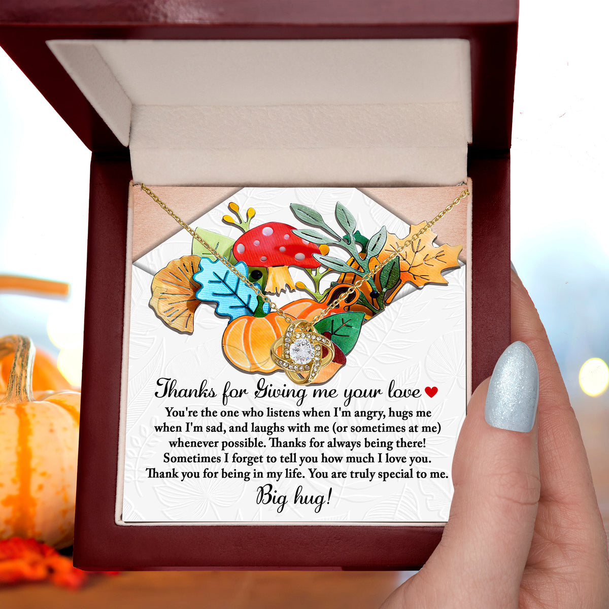 Thanks for Giving Me Your Love Gold Love Knot Necklace – Big Hug Thanksgiving Gift for Her