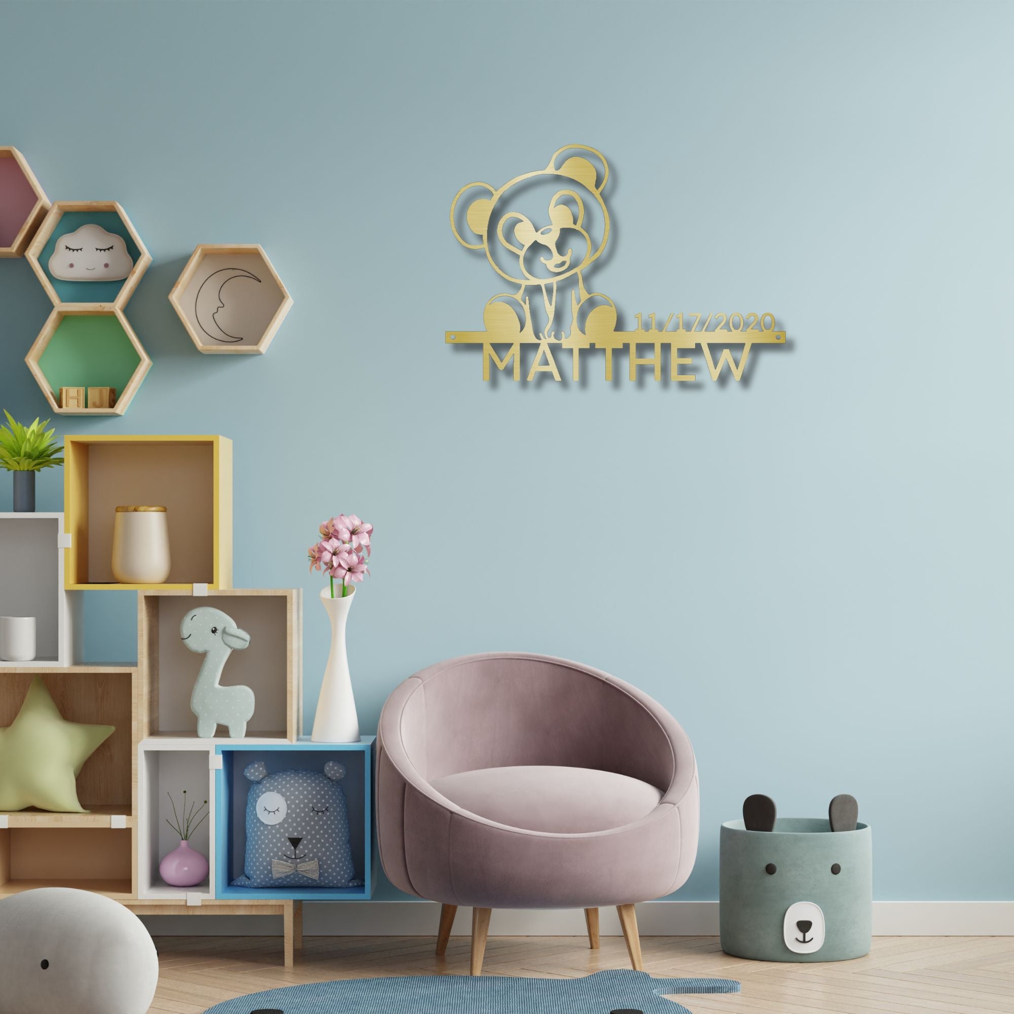 Personalized Teddy Bear Nursery Metal Wall Art – Custom Baby Name Sign with Birth Date – Nursery Decor – Baby Shower Gift