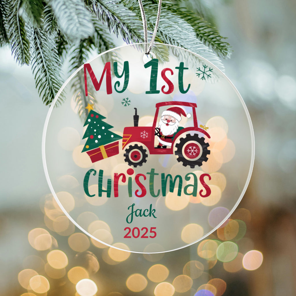 Personalized My 1st Christmas Santa Tractor Acrylic Ornament with Name & Year Keepsake Gift