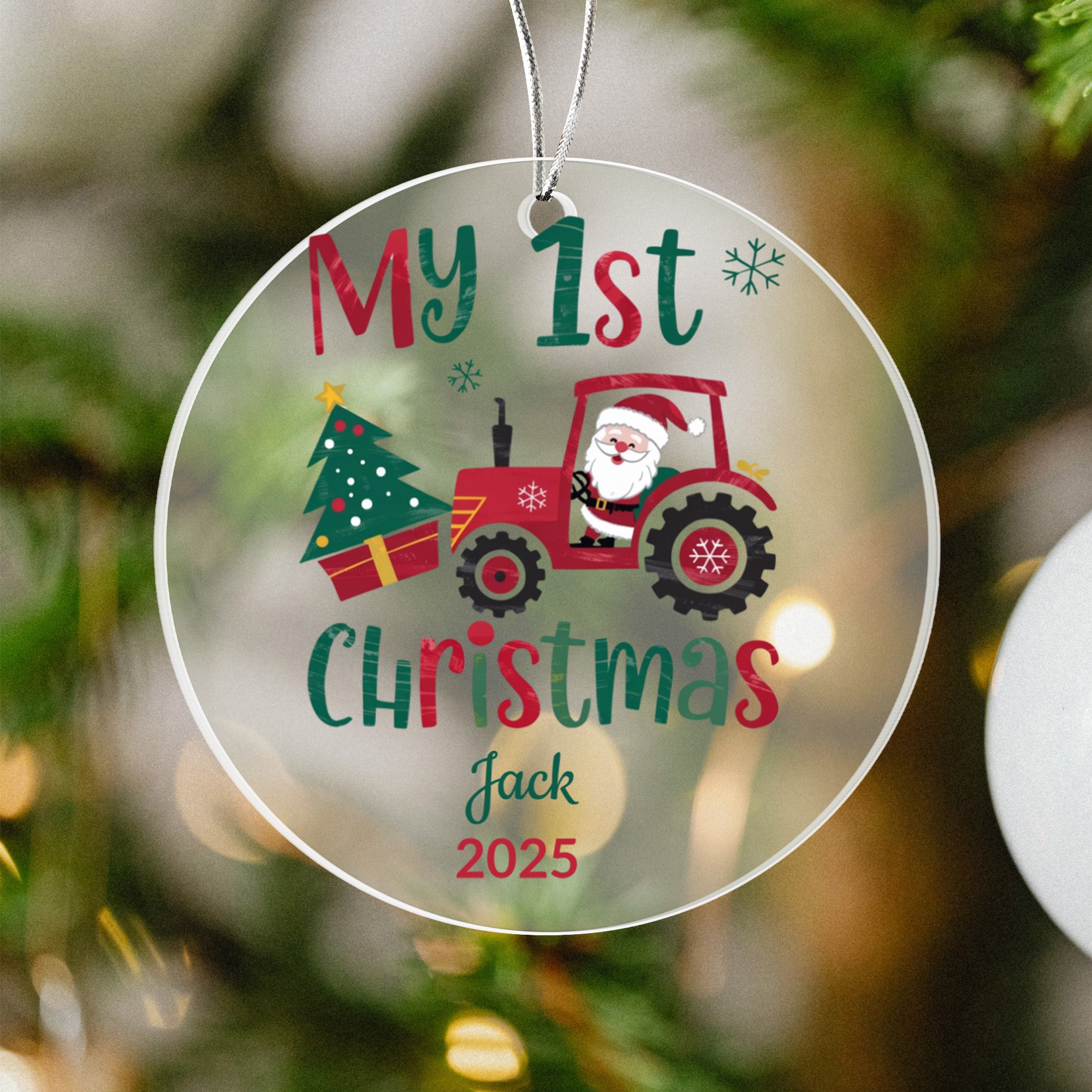 Personalized My 1st Christmas Santa Tractor Acrylic Ornament with Name & Year Keepsake Gift