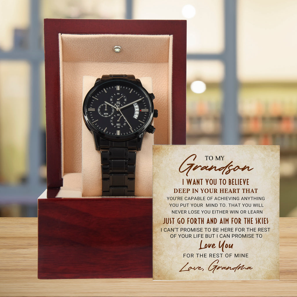 To My Grandson – Men's Black Chronograph Watch Gift from Grandma, Inspirational Message Card Included