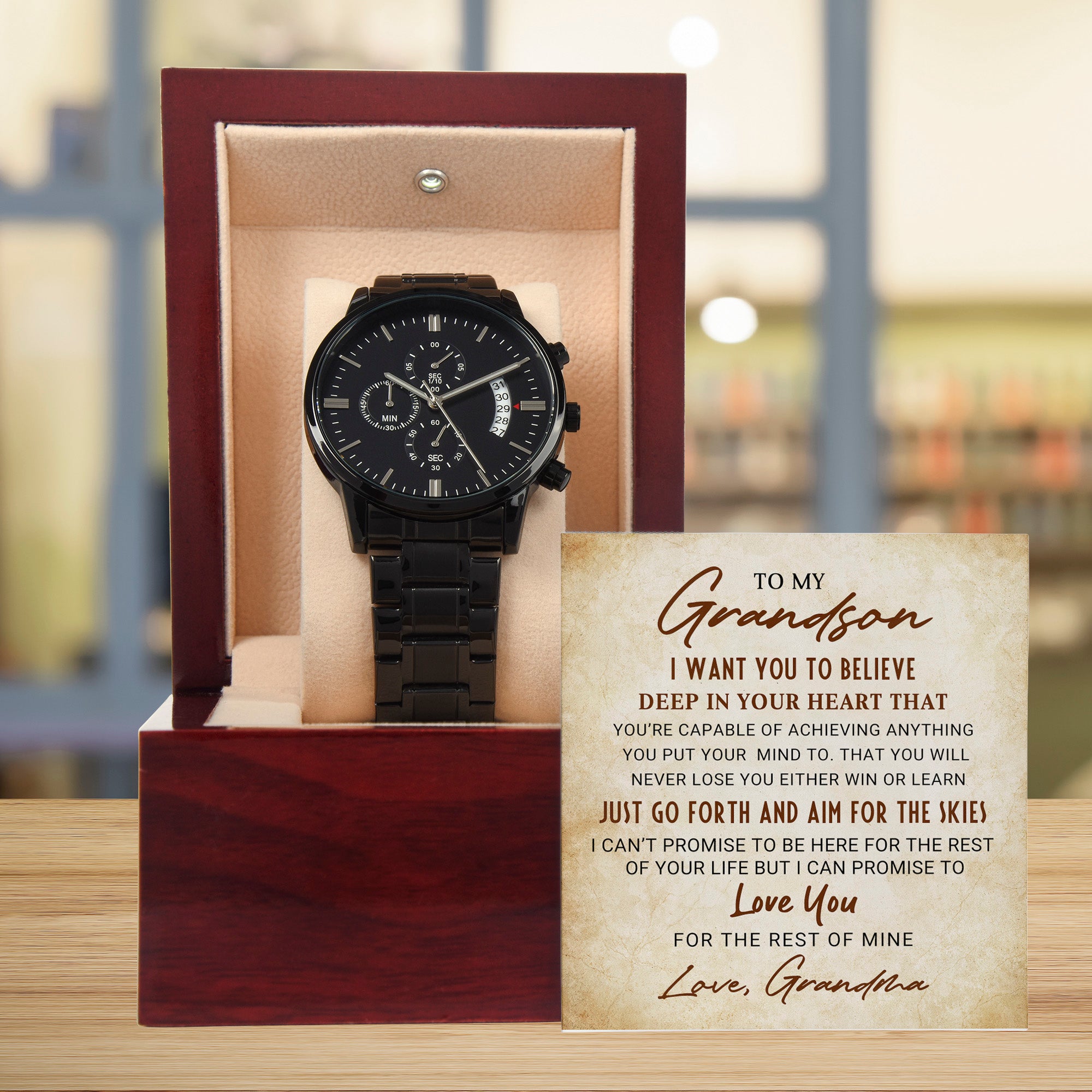 To My Grandson – Men's Black Chronograph Watch Gift from Grandma, Inspirational Message Card Included