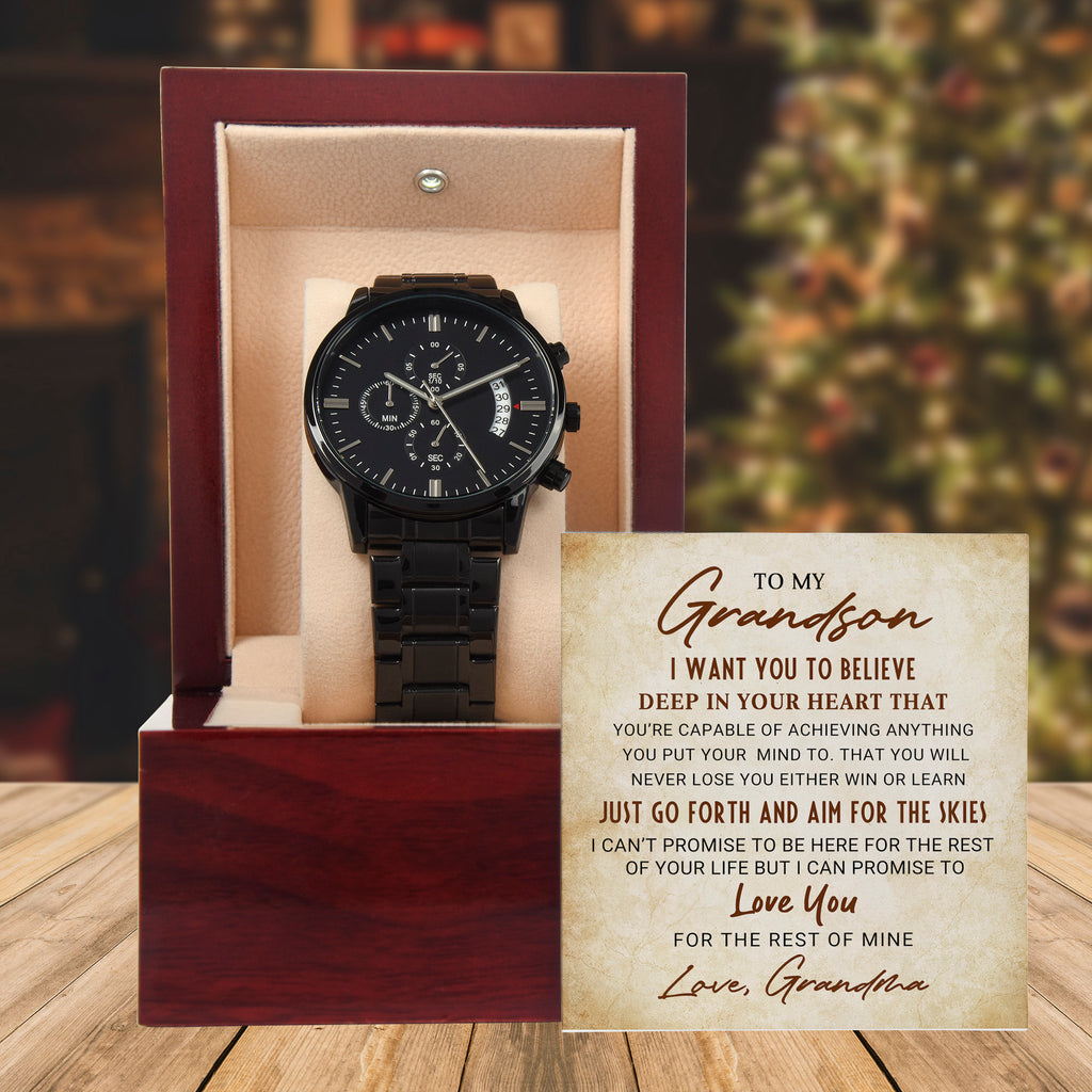 To My Grandson – Men's Black Chronograph Watch Gift from Grandma, Inspirational Message Card Included