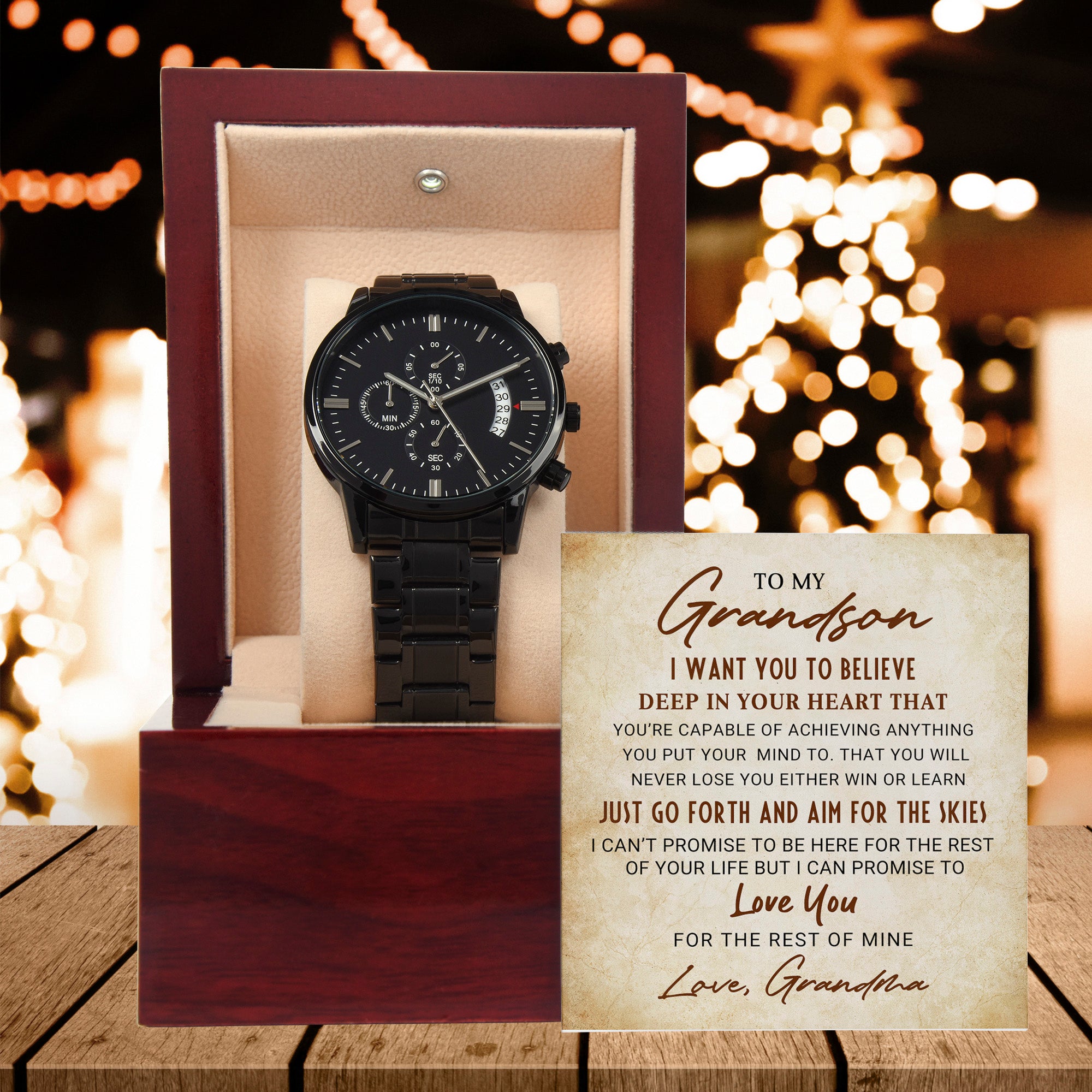 To My Grandson – Men's Black Chronograph Watch Gift from Grandma, Inspirational Message Card Included