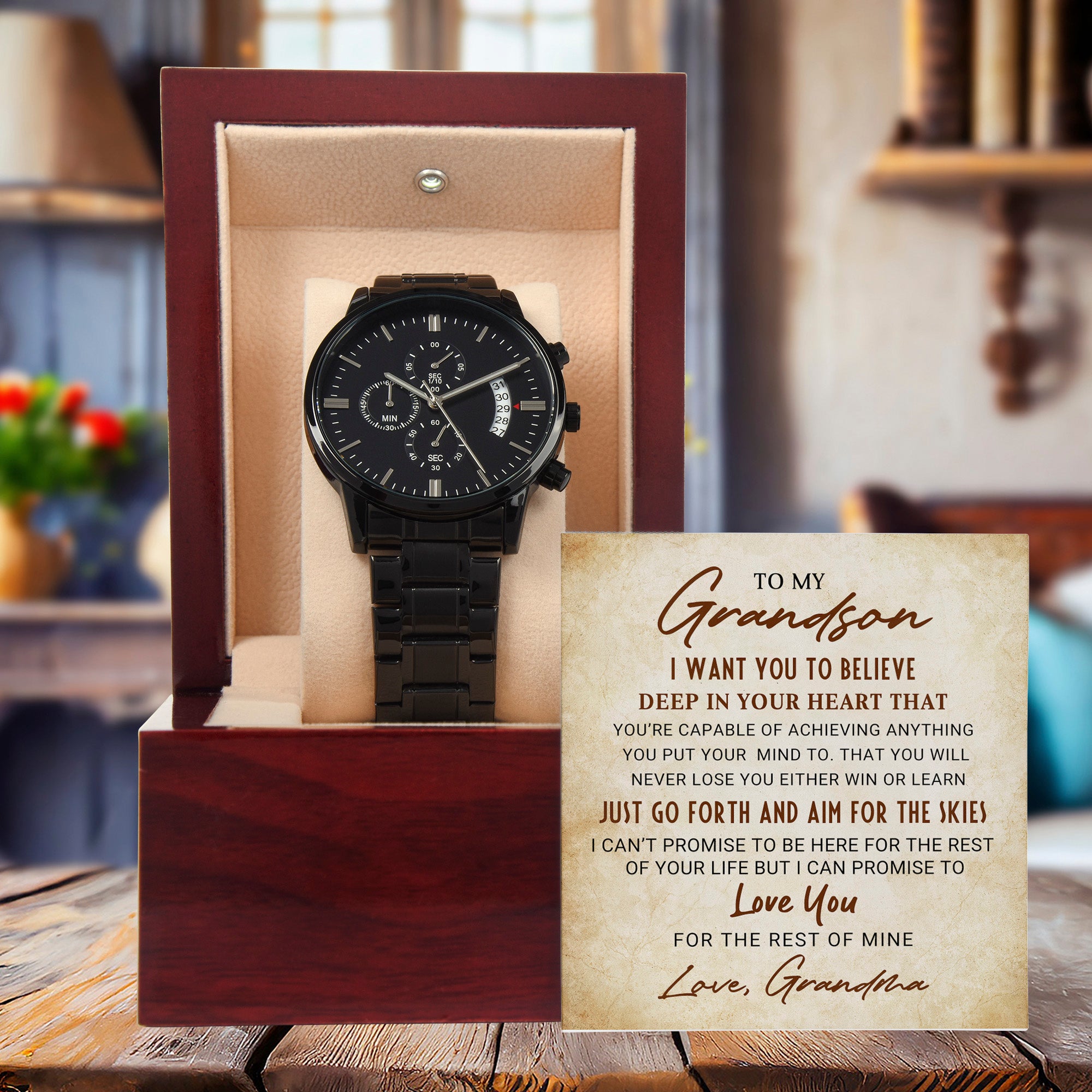 To My Grandson – Men's Black Chronograph Watch Gift from Grandma, Inspirational Message Card Included