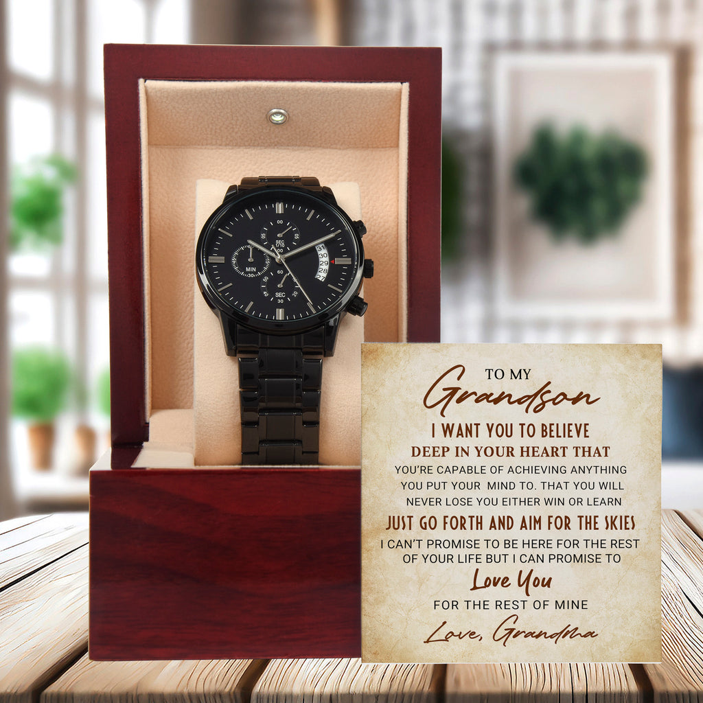To My Grandson – Men's Black Chronograph Watch Gift from Grandma, Inspirational Message Card Included