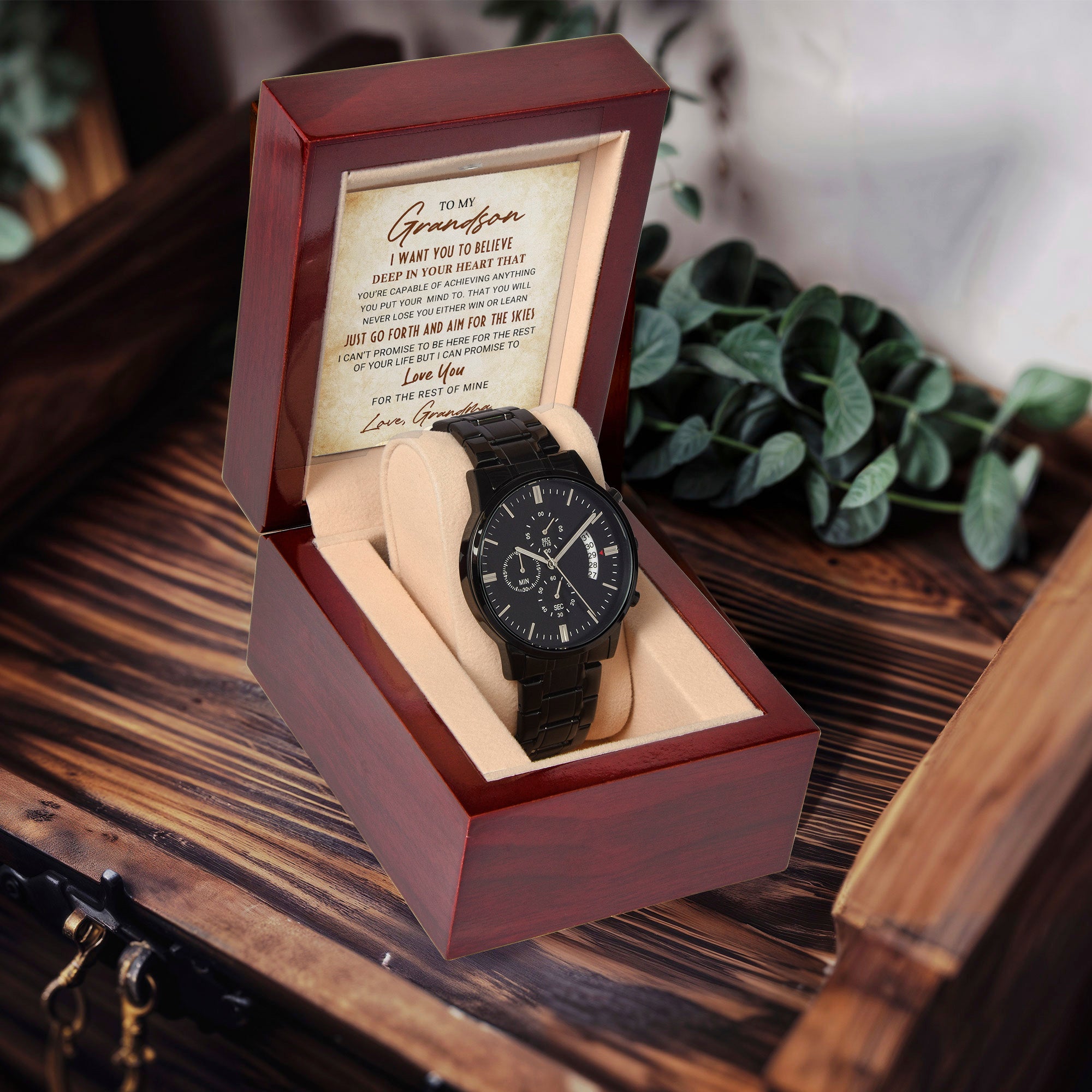 To My Grandson – Men's Black Chronograph Watch Gift from Grandma, Inspirational Message Card Included
