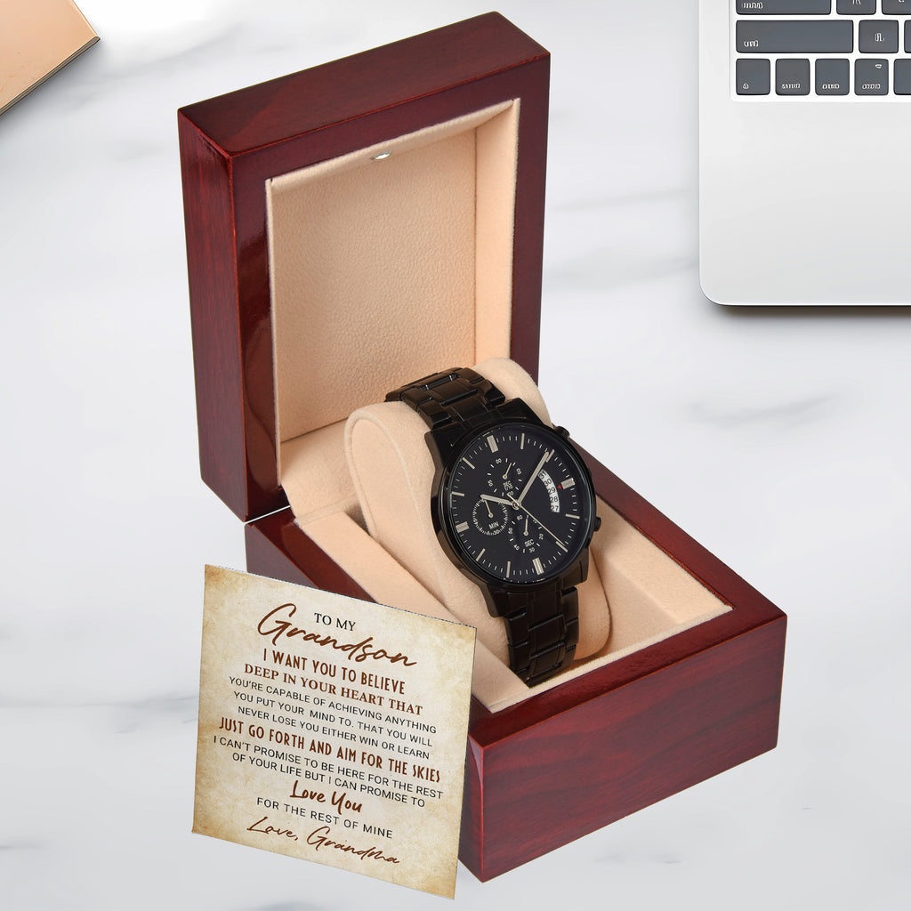 To My Grandson – Men's Black Chronograph Watch Gift from Grandma, Inspirational Message Card Included