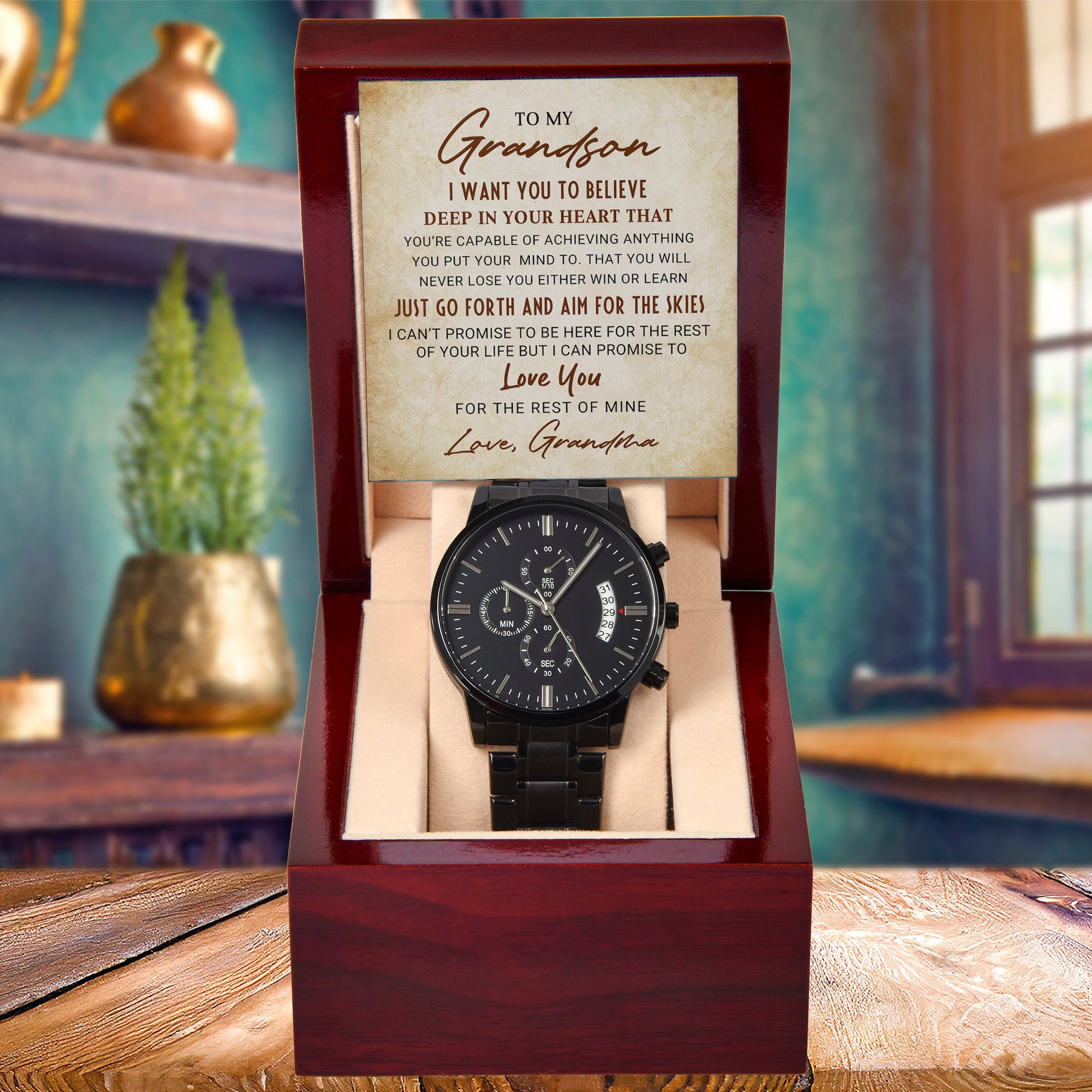 To My Grandson – Men's Black Chronograph Watch Gift from Grandma, Inspirational Message Card Included