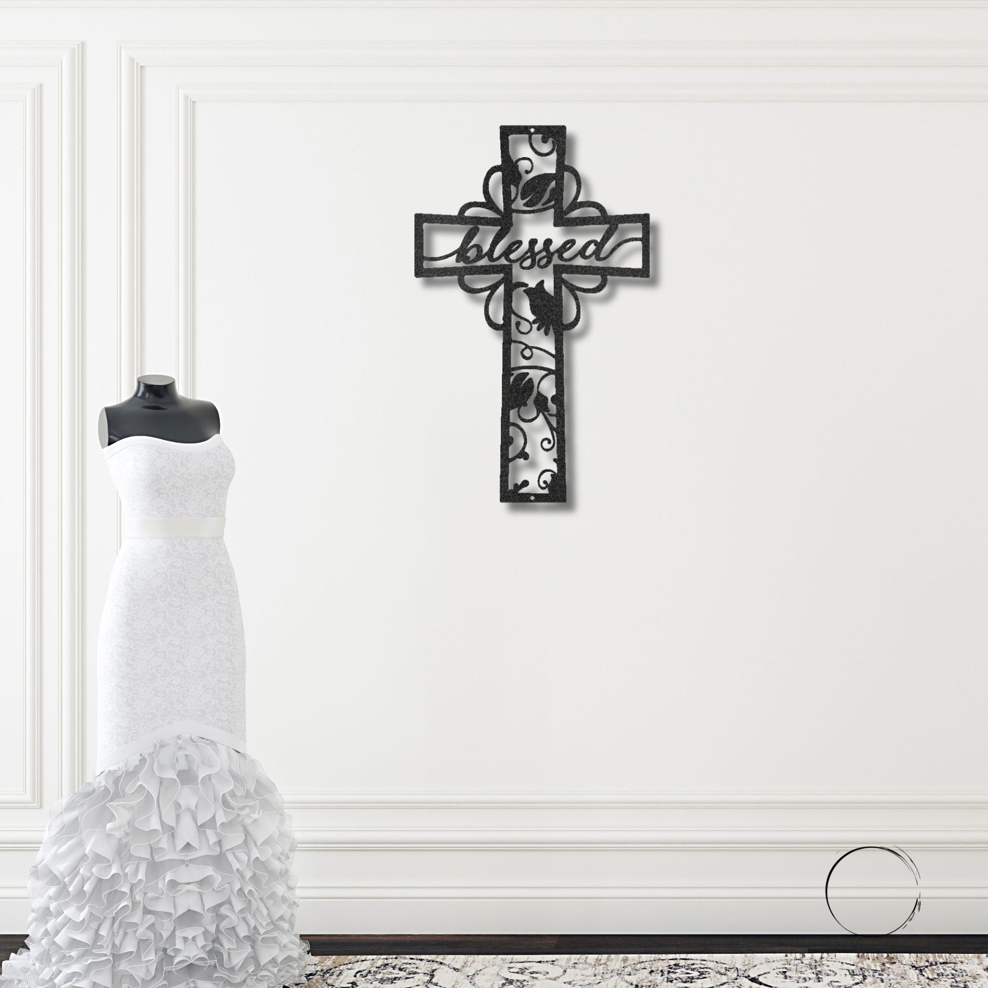 Blessed Cross Metal Wall Art – Christian Floral Cross Decor – Inspirational Faith Steel Sign – Religious Wall Decor