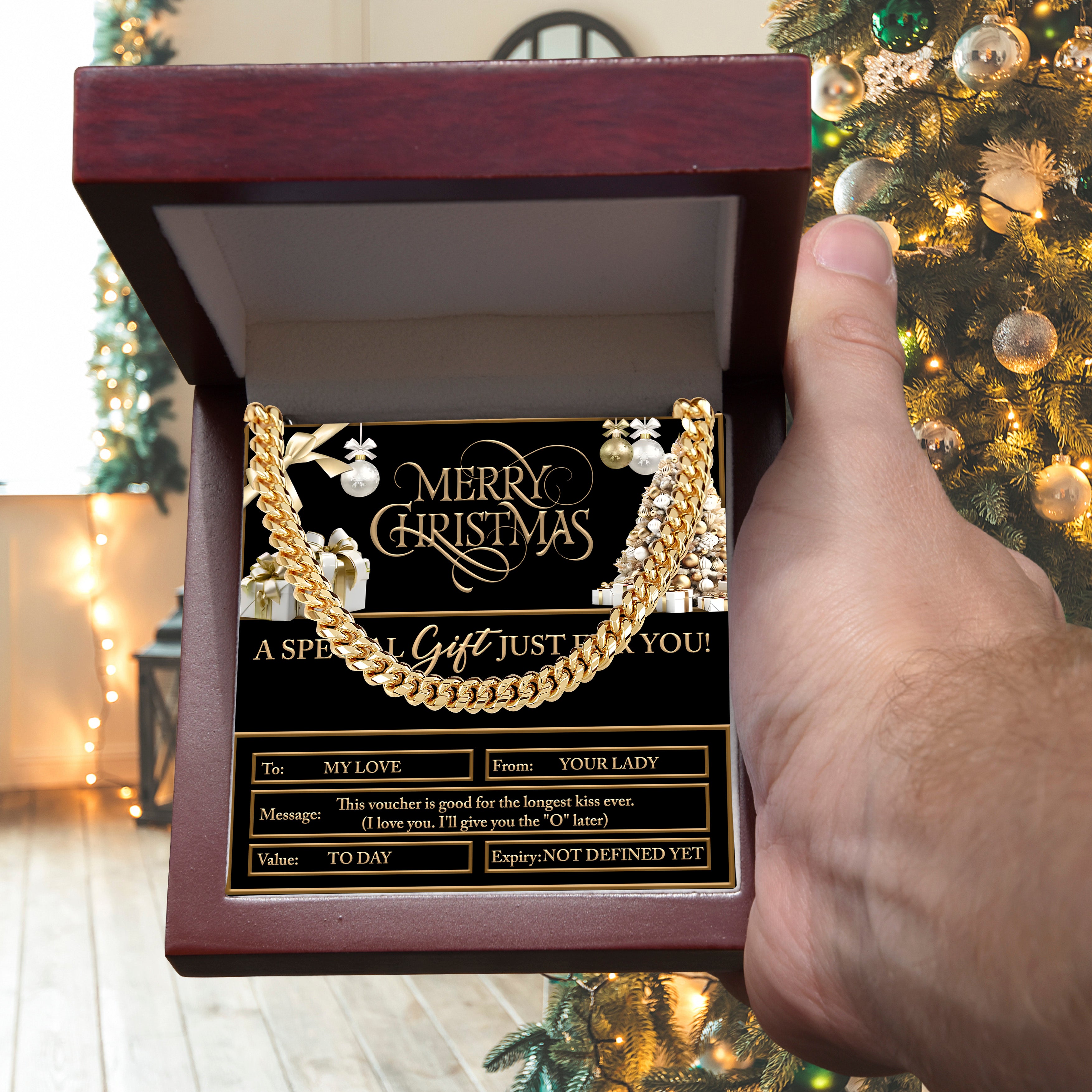 Merry Christmas Cuban Chain Necklace – Funny Romantic Voucher Gift for Him