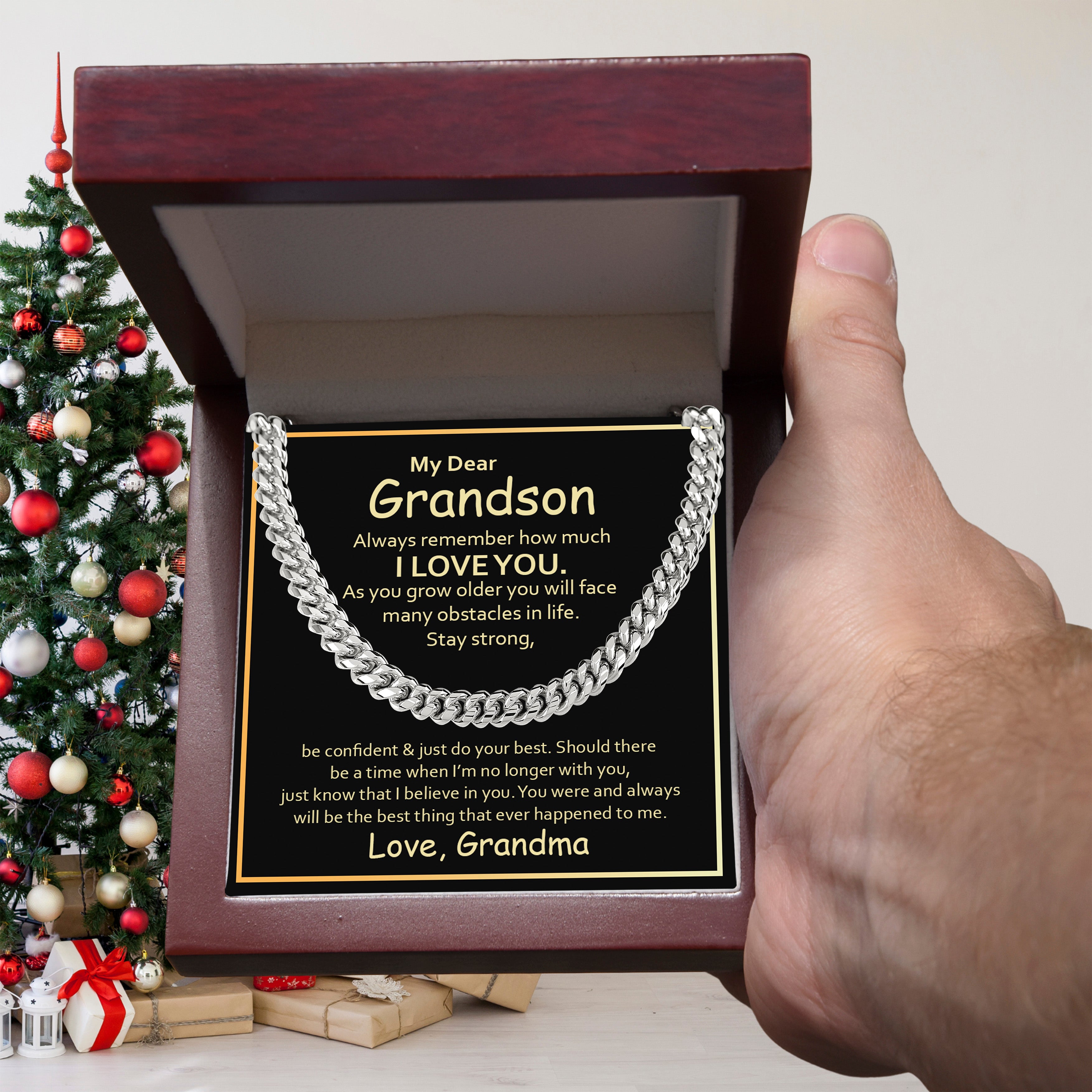 My Dear Grandson Cuban Chain Necklace – Meaningful Gift from Grandma, Strength & Love Message Card