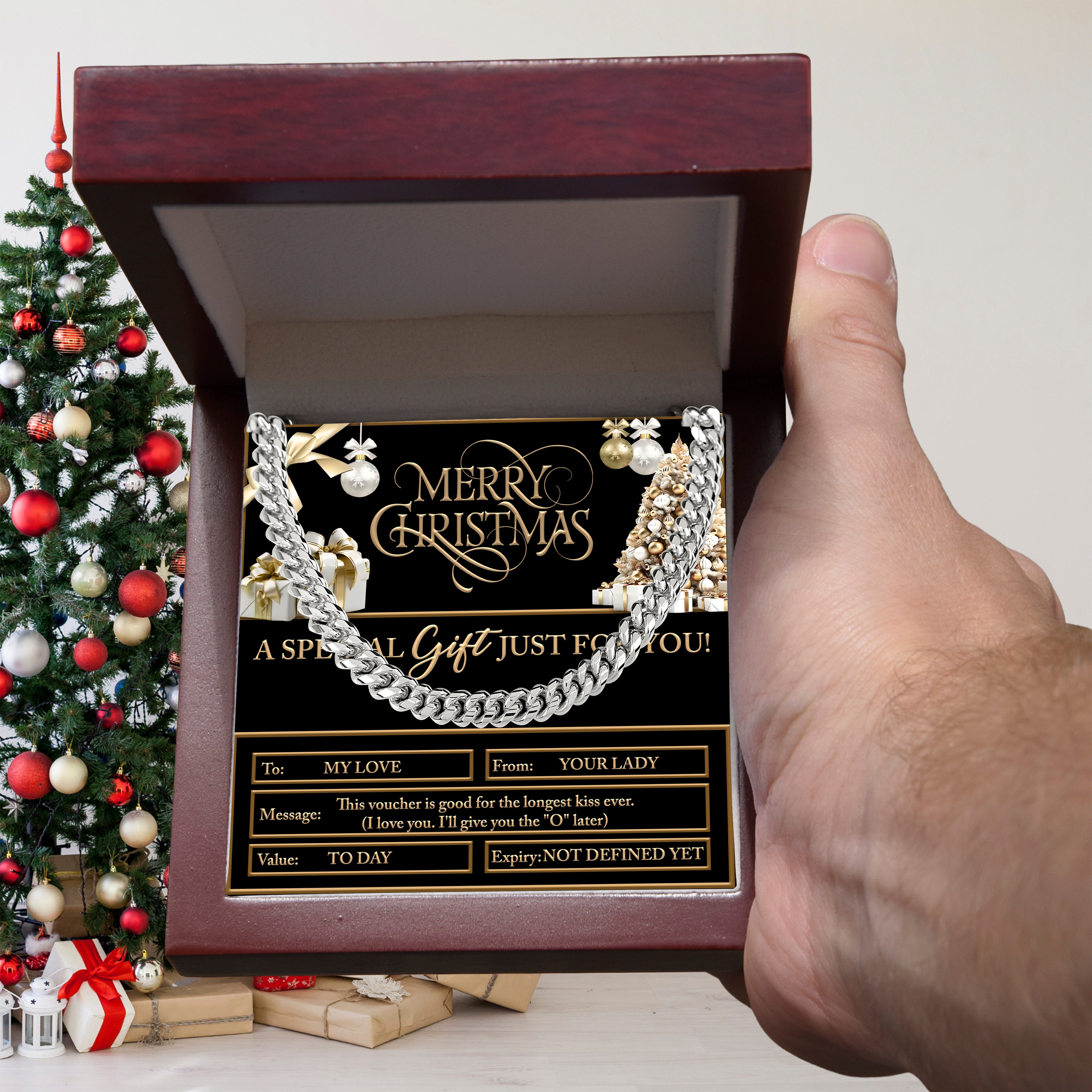 Merry Christmas Cuban Chain Necklace – Funny Romantic Voucher Gift for Him