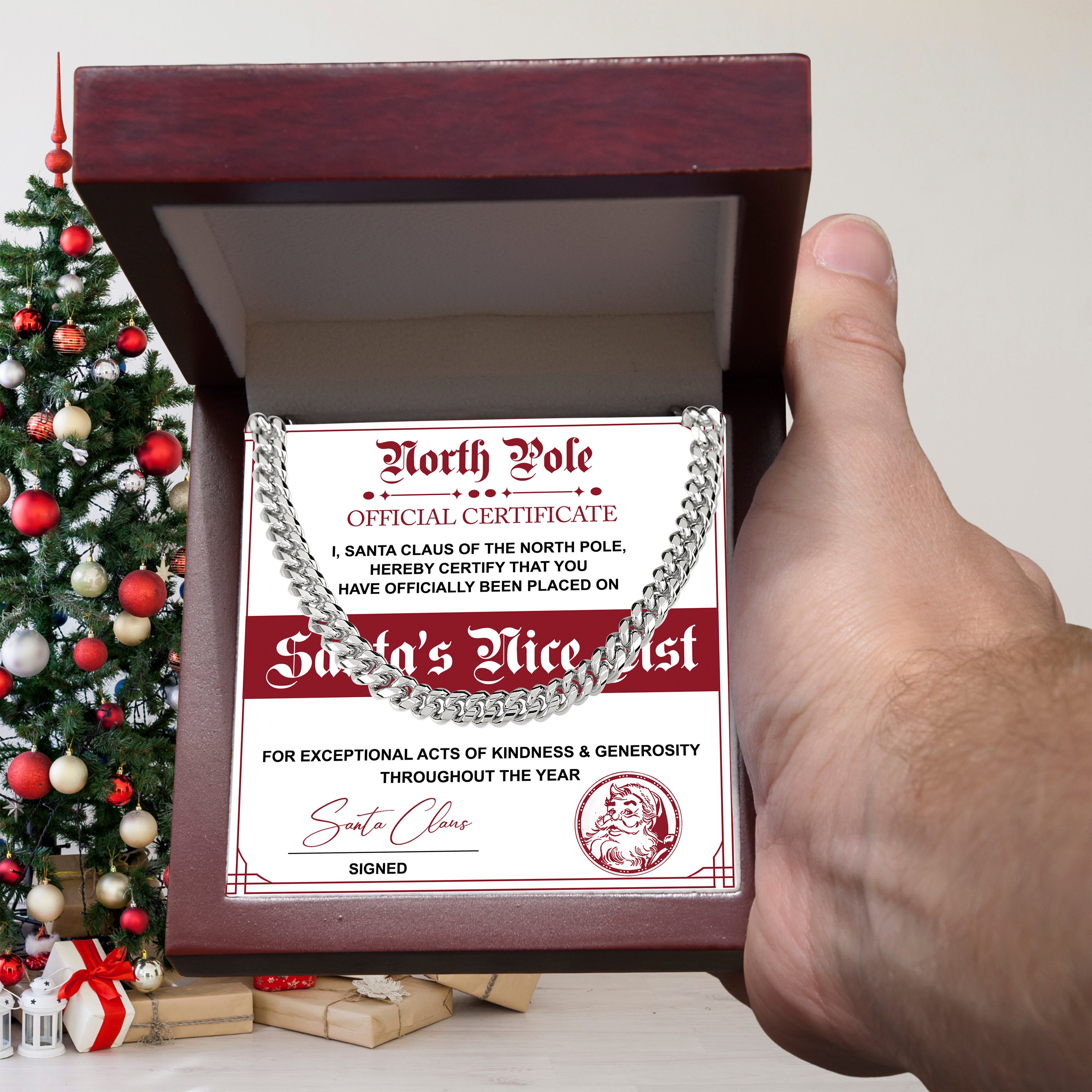 Santa's Nice List Cuban Chain Necklace – Fun Christmas Gift with Official North Pole Certificate