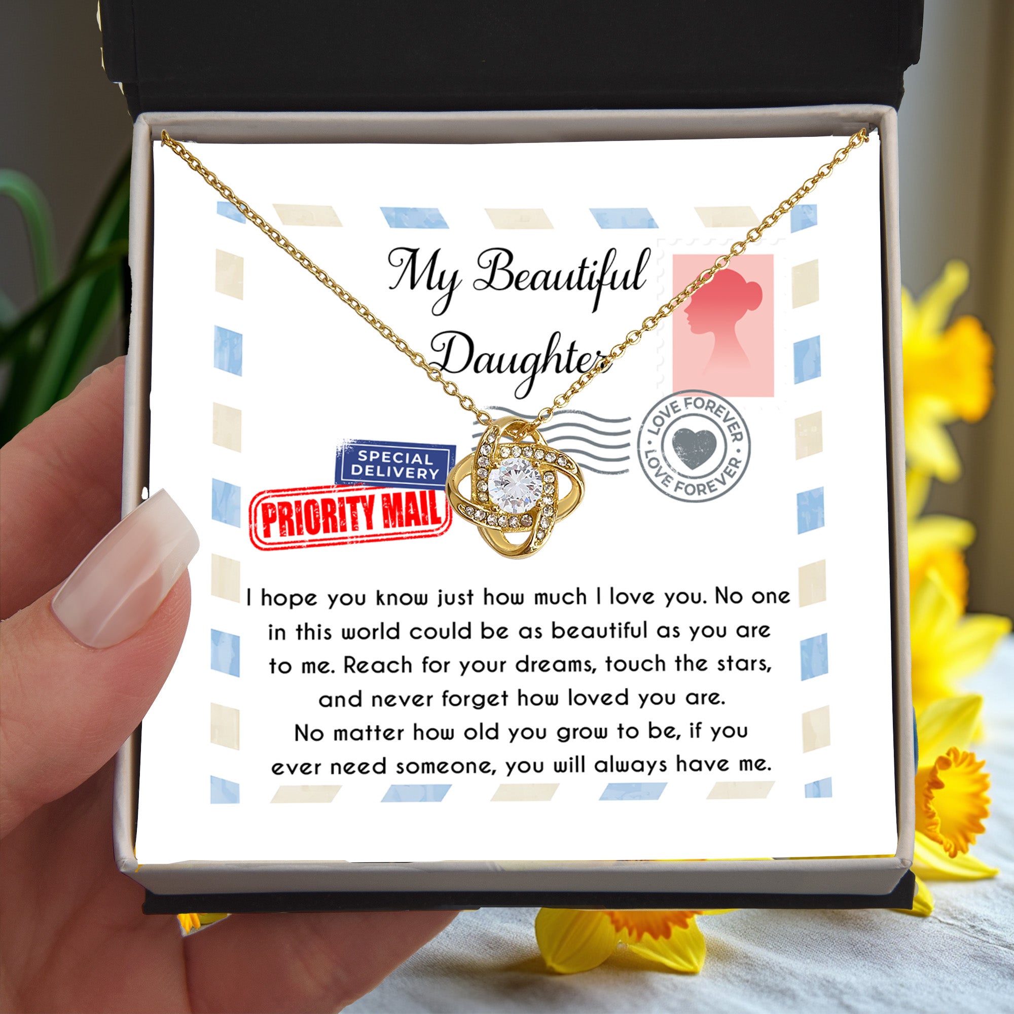 My Beautiful Daughter Love Knot Necklace – Reach for Your Dreams Gift from Mom or Dad