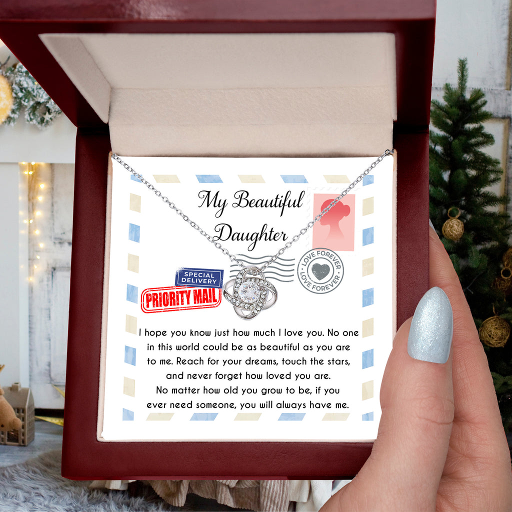 My Beautiful Daughter Love Knot Necklace – Reach for Your Dreams Gift from Mom or Dad