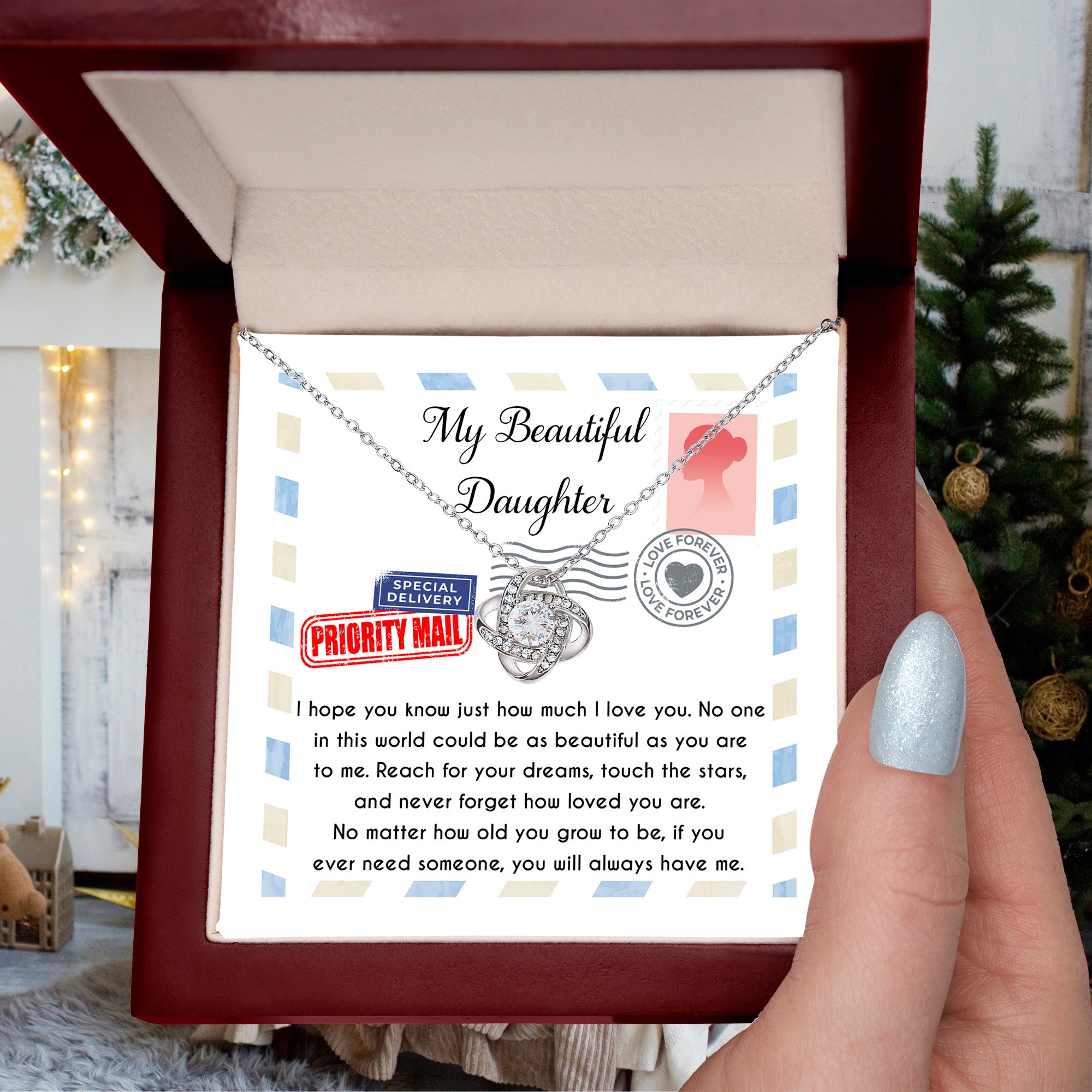 My Beautiful Daughter Love Knot Necklace – Reach for Your Dreams Gift from Mom or Dad