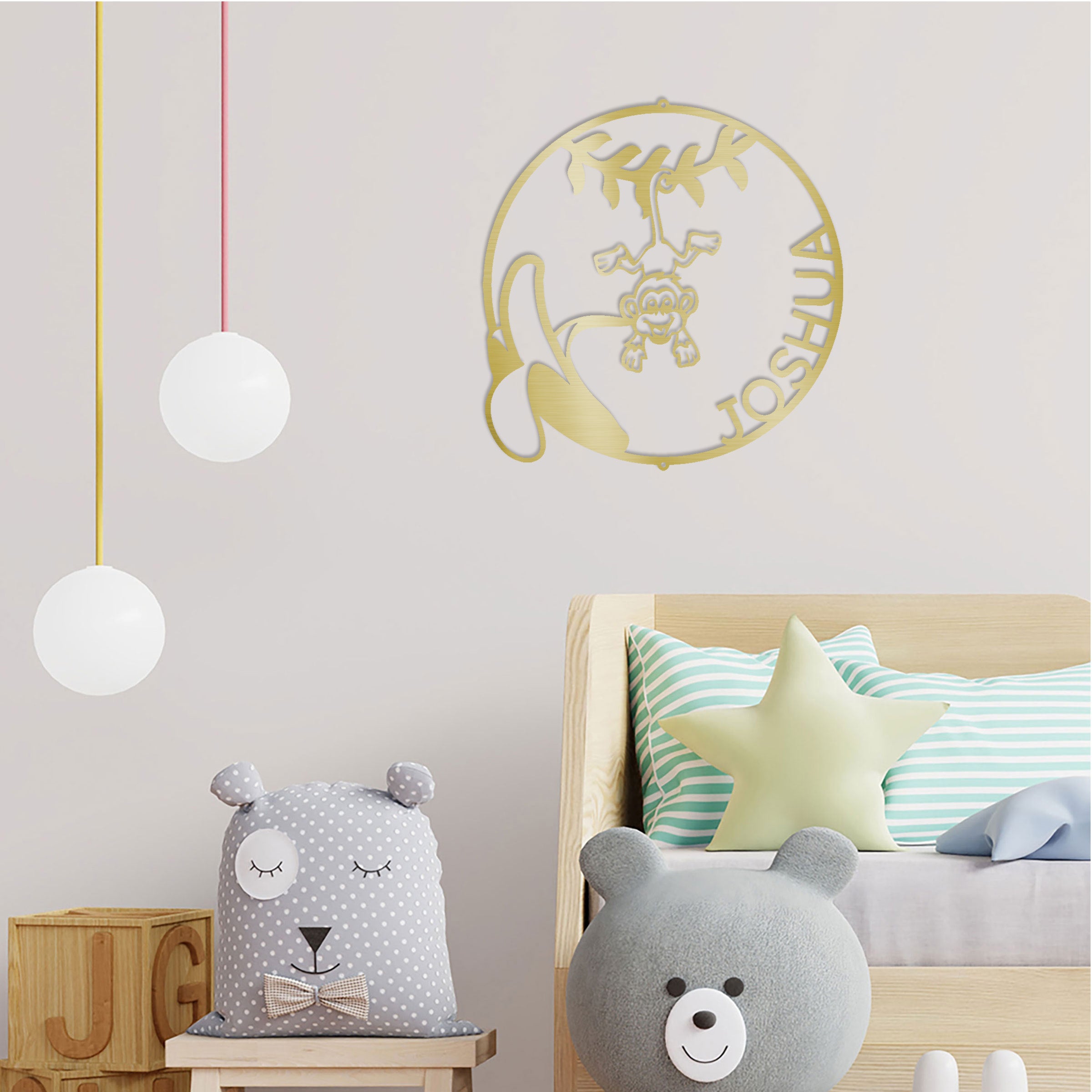 Personalized Monkey Nursery Metal Wall Art – Custom Jungle Animal Name Sign – Banana Monkey Kids Room Decor – Baby Shower Gift