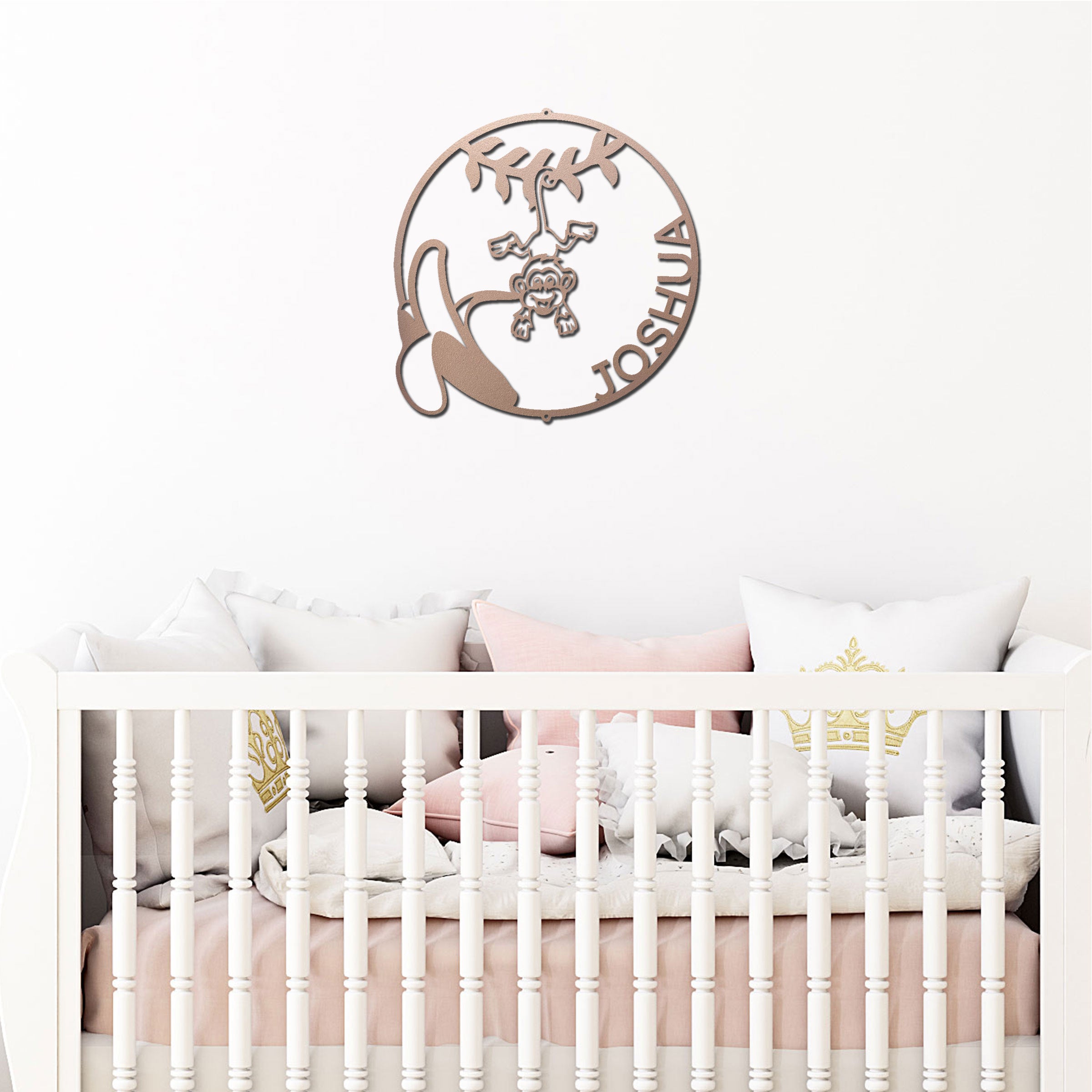 Personalized Monkey Nursery Metal Wall Art – Custom Jungle Animal Name Sign – Banana Monkey Kids Room Decor – Baby Shower Gift