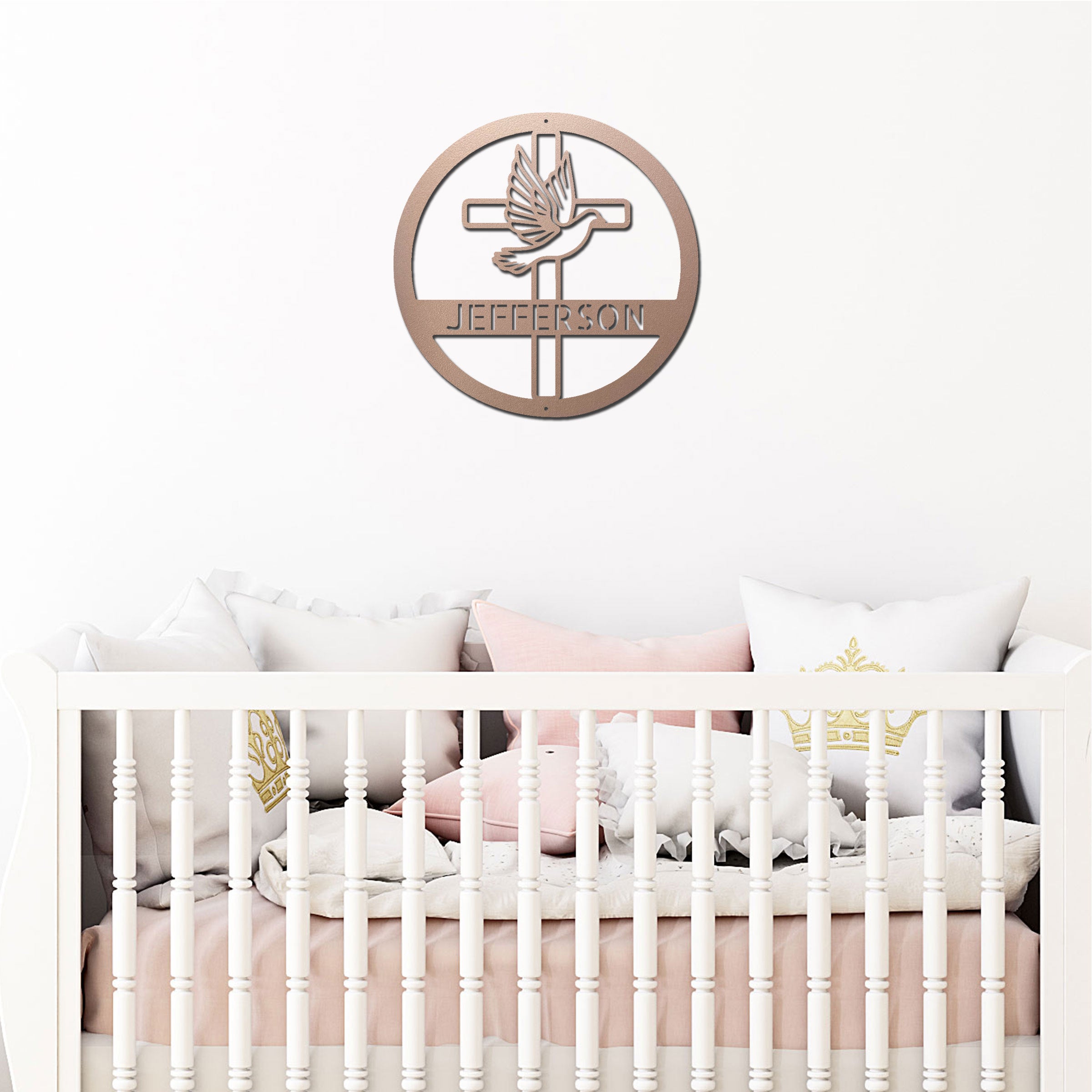 Personalized Christian Cross & Dove Metal Wall Art – Custom Family Name Faith Sign – Laser Cut Steel Religious Home Decor