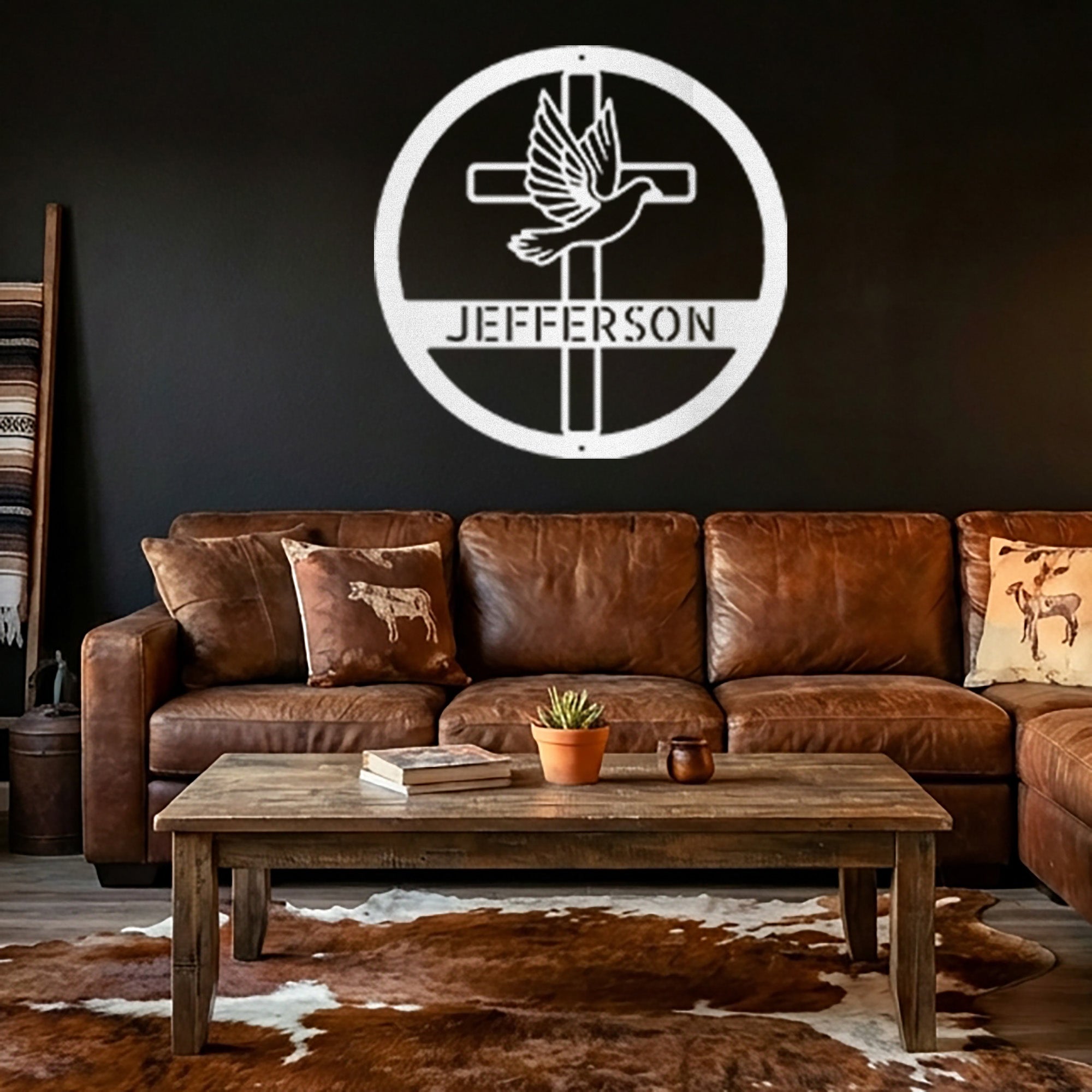 Personalized Christian Cross & Dove Metal Wall Art – Custom Family Name Faith Sign – Laser Cut Steel Religious Home Decor