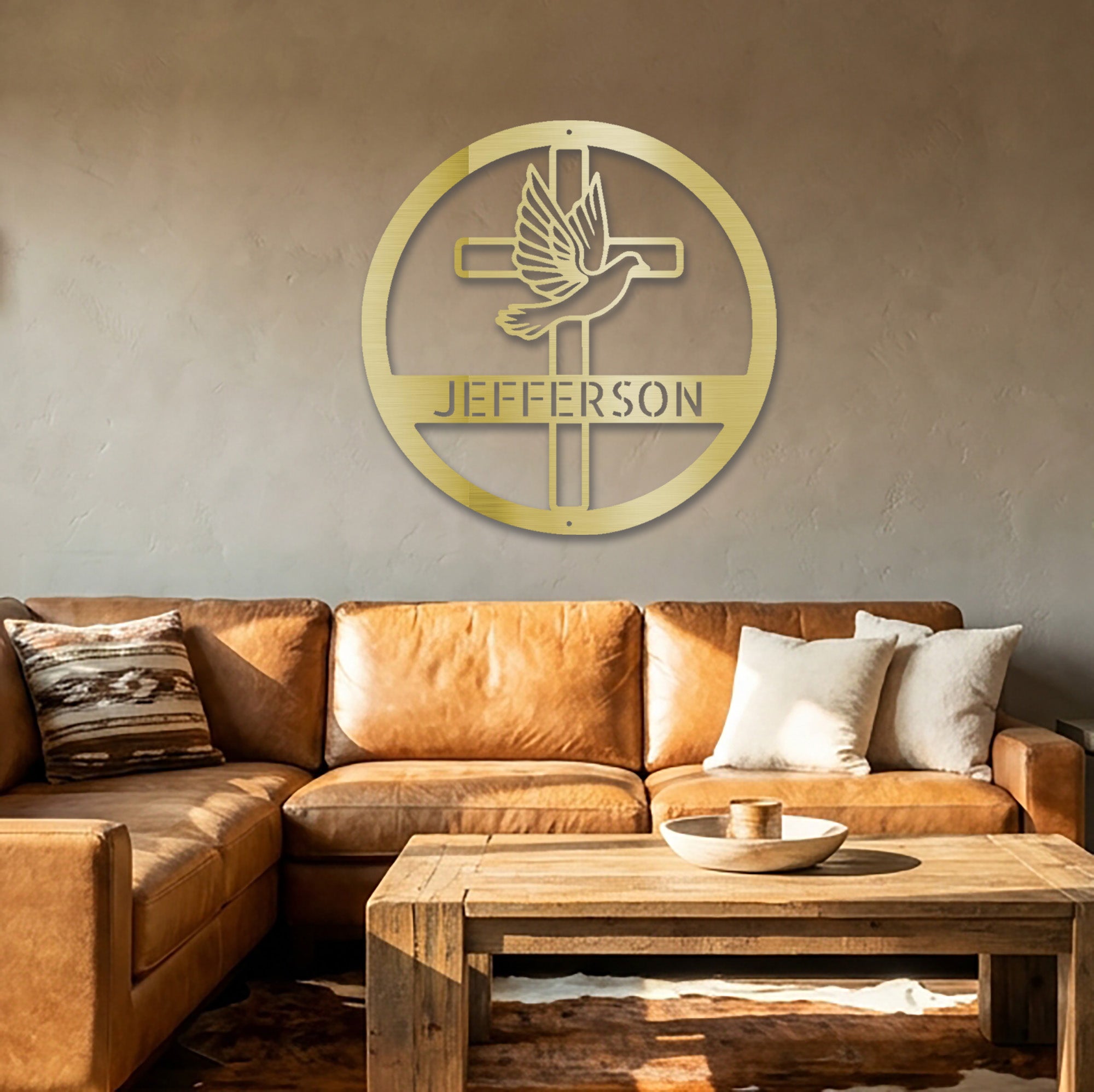 Personalized Christian Cross & Dove Metal Wall Art – Custom Family Name Faith Sign – Laser Cut Steel Religious Home Decor