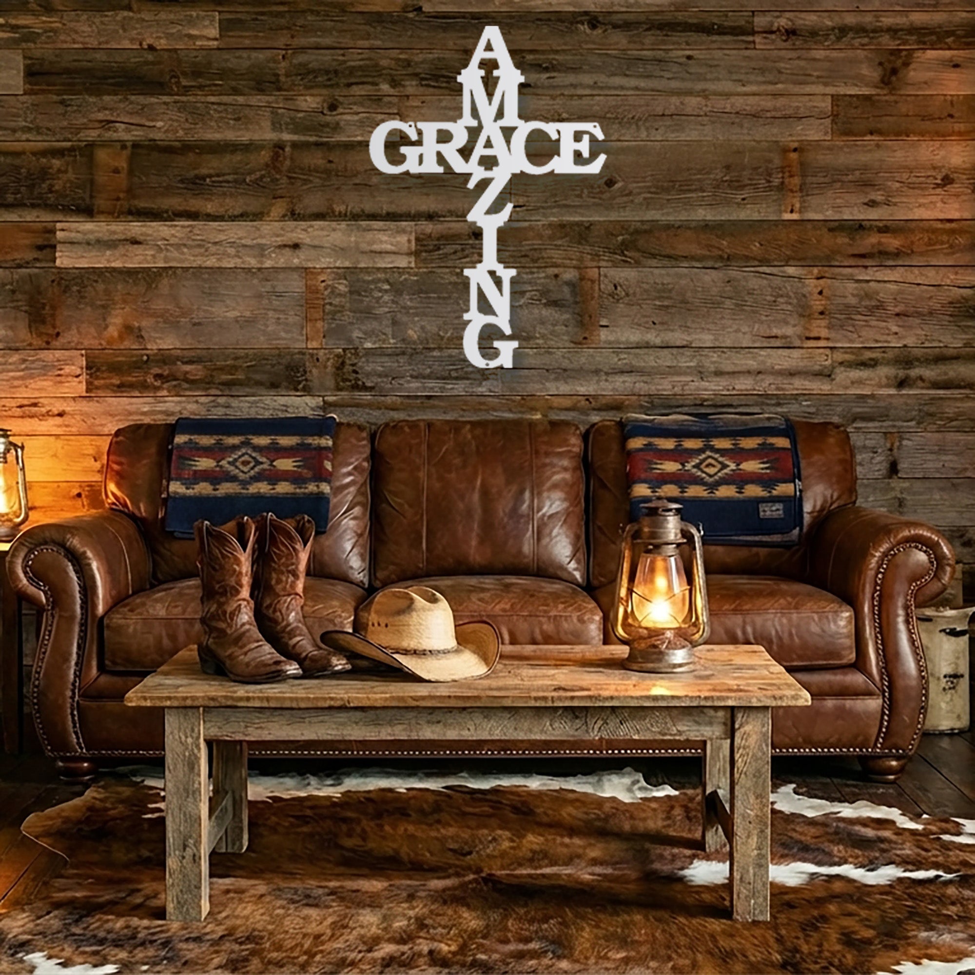 Amazing Grace Cross Metal Wall Art – Christian Steel Cross Sign – Inspirational Faith Decor – Laser Cut Religious Wall Art