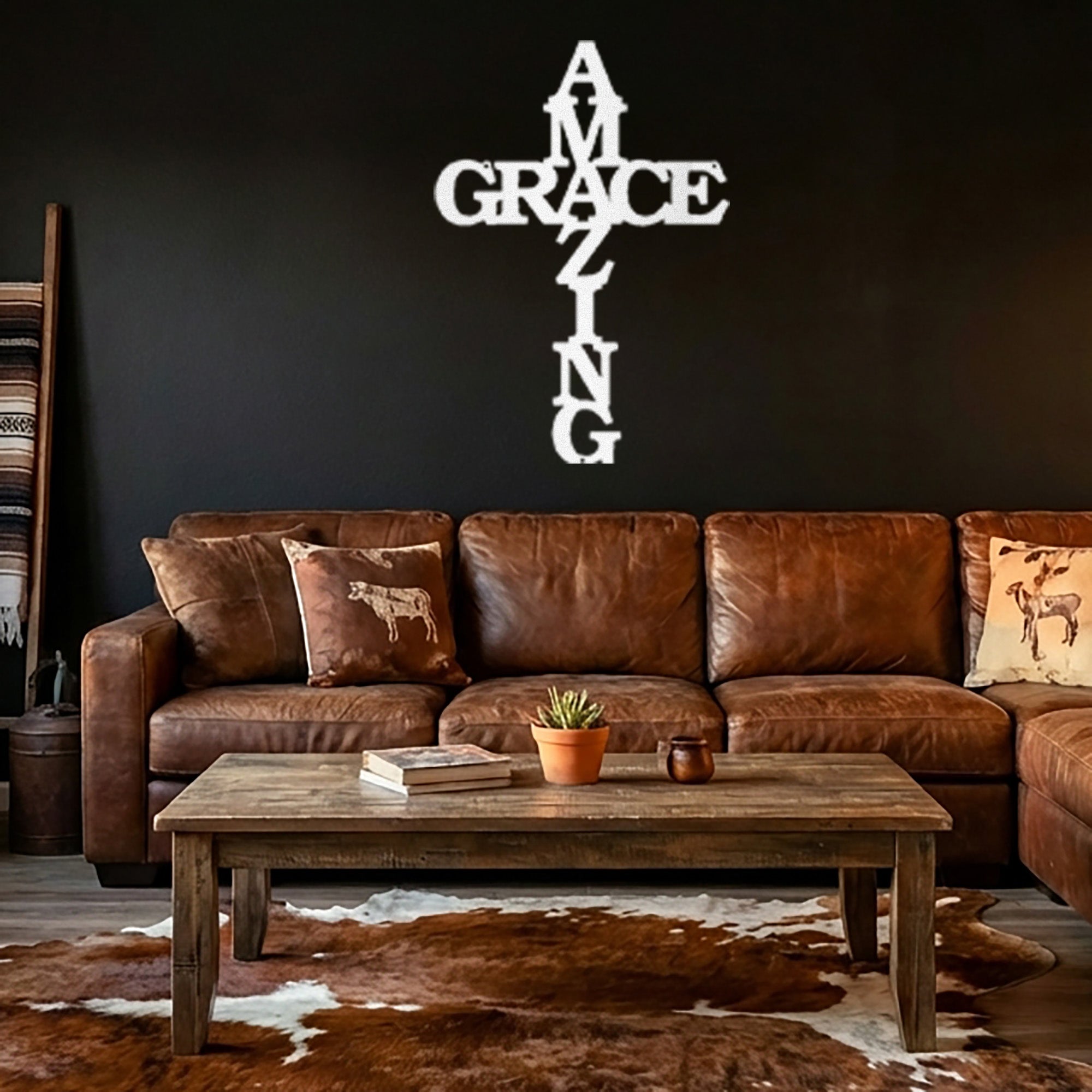 Amazing Grace Cross Metal Wall Art – Christian Steel Cross Sign – Inspirational Faith Decor – Laser Cut Religious Wall Art