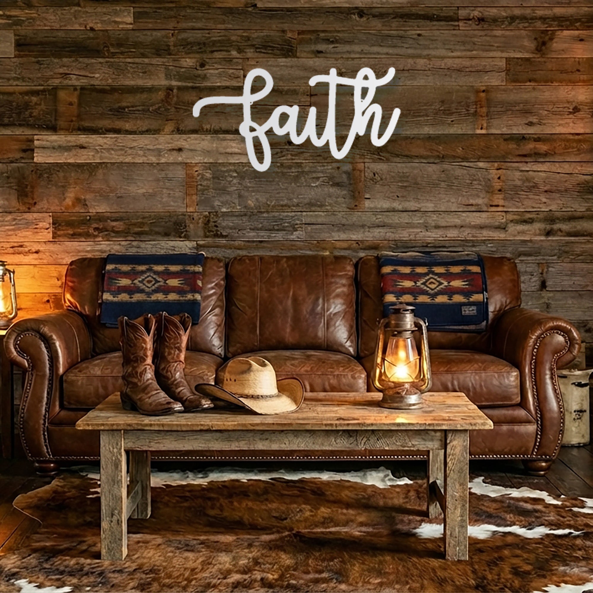 Faith Metal Wall Art Sign – Christian Inspirational Word Decor – Farmhouse Faith Script Wall Decor – Religious Home Decoration