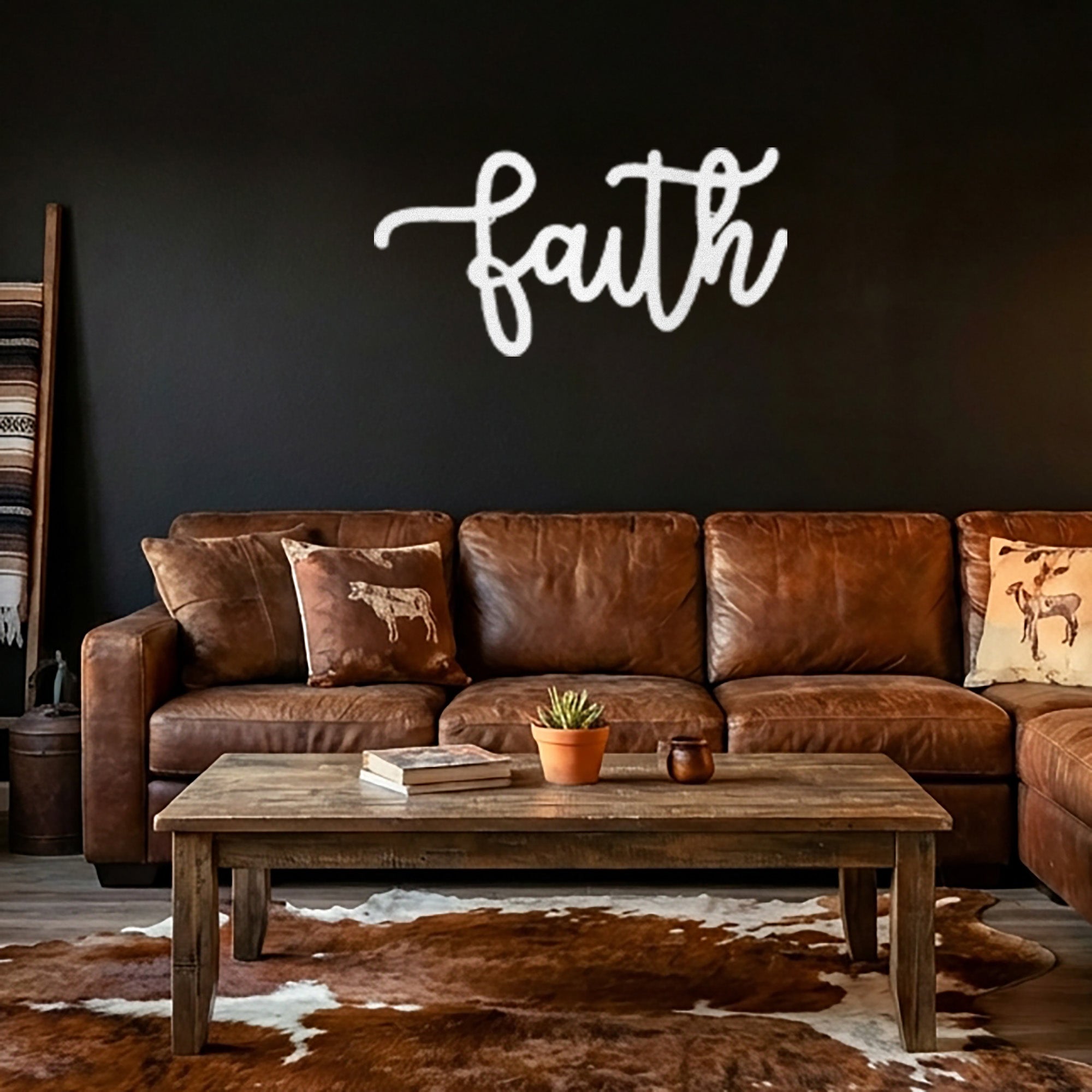 Faith Metal Wall Art Sign – Christian Inspirational Word Decor – Farmhouse Faith Script Wall Decor – Religious Home Decoration