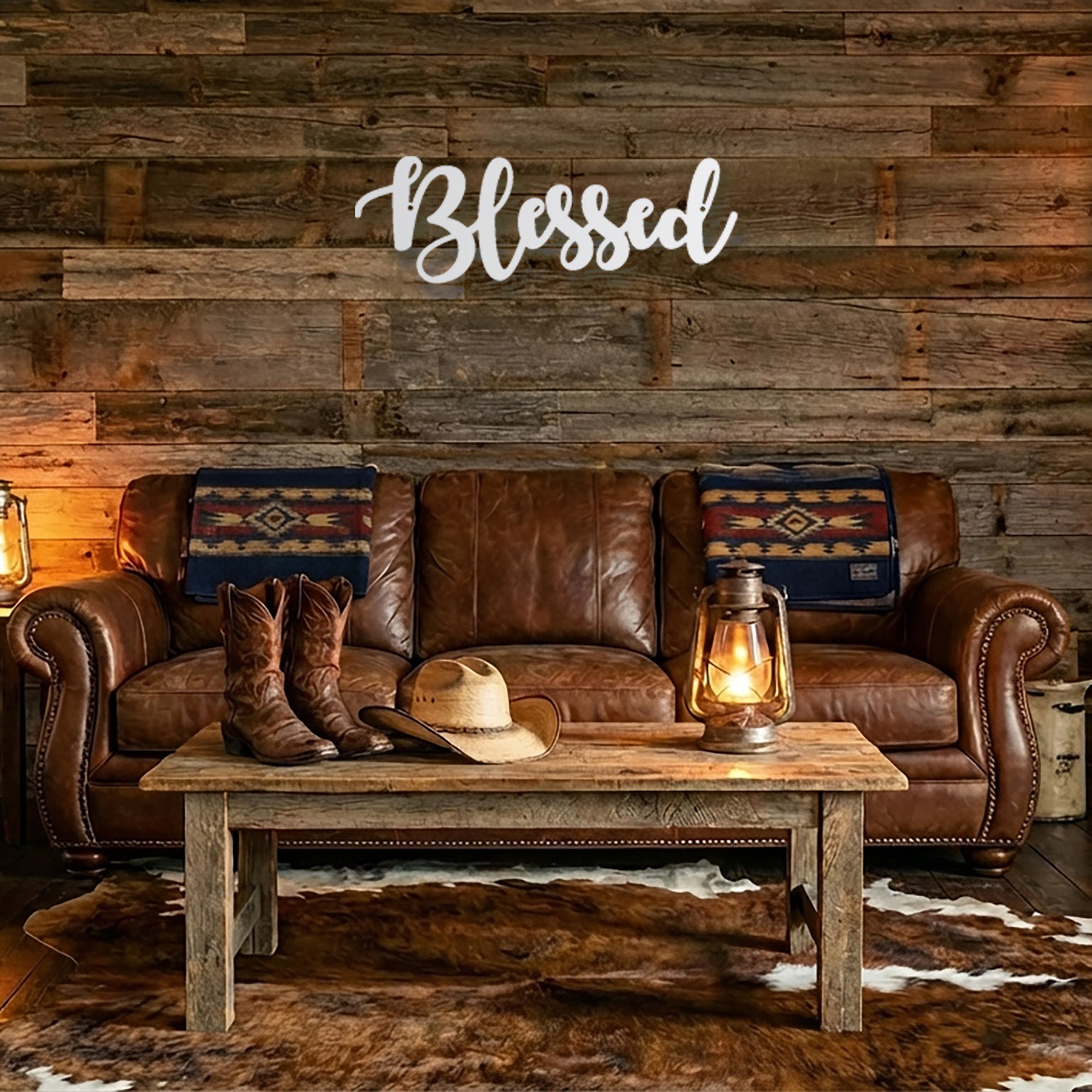 Blessed Script Metal Wall Art Sign – Christian Inspirational Word Decor – Farmhouse Faith Wall Decor – Religious Home Decoration