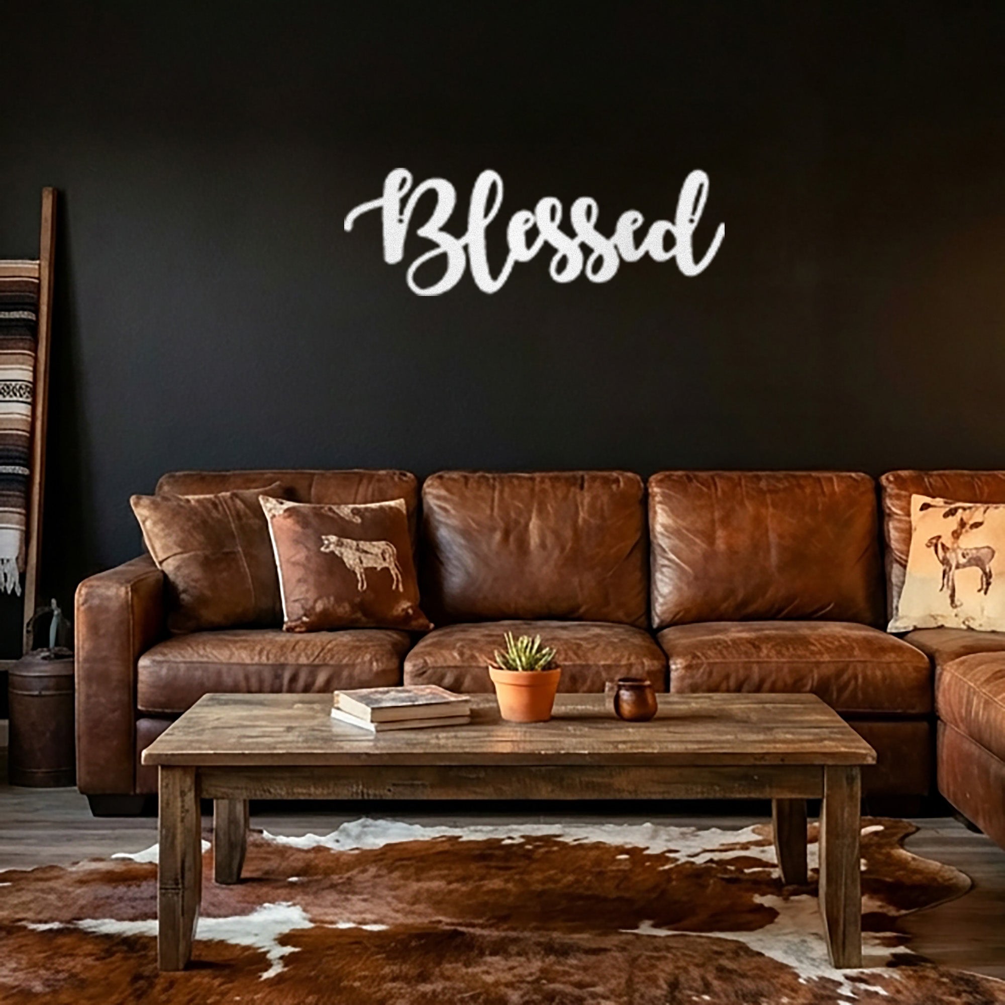 Blessed Script Metal Wall Art Sign – Christian Inspirational Word Decor – Farmhouse Faith Wall Decor – Religious Home Decoration