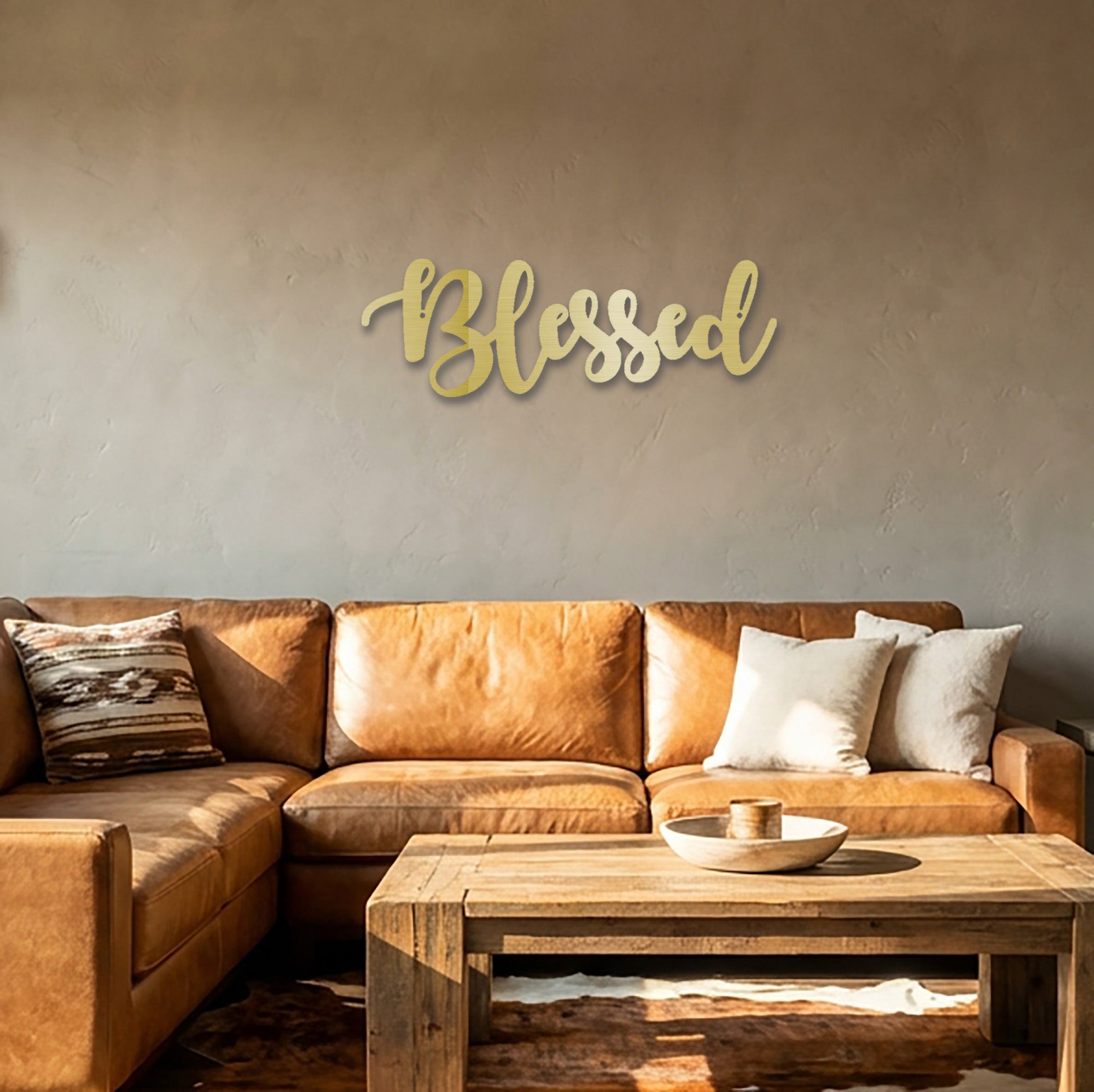 Blessed Script Metal Wall Art Sign – Christian Inspirational Word Decor – Farmhouse Faith Wall Decor – Religious Home Decoration