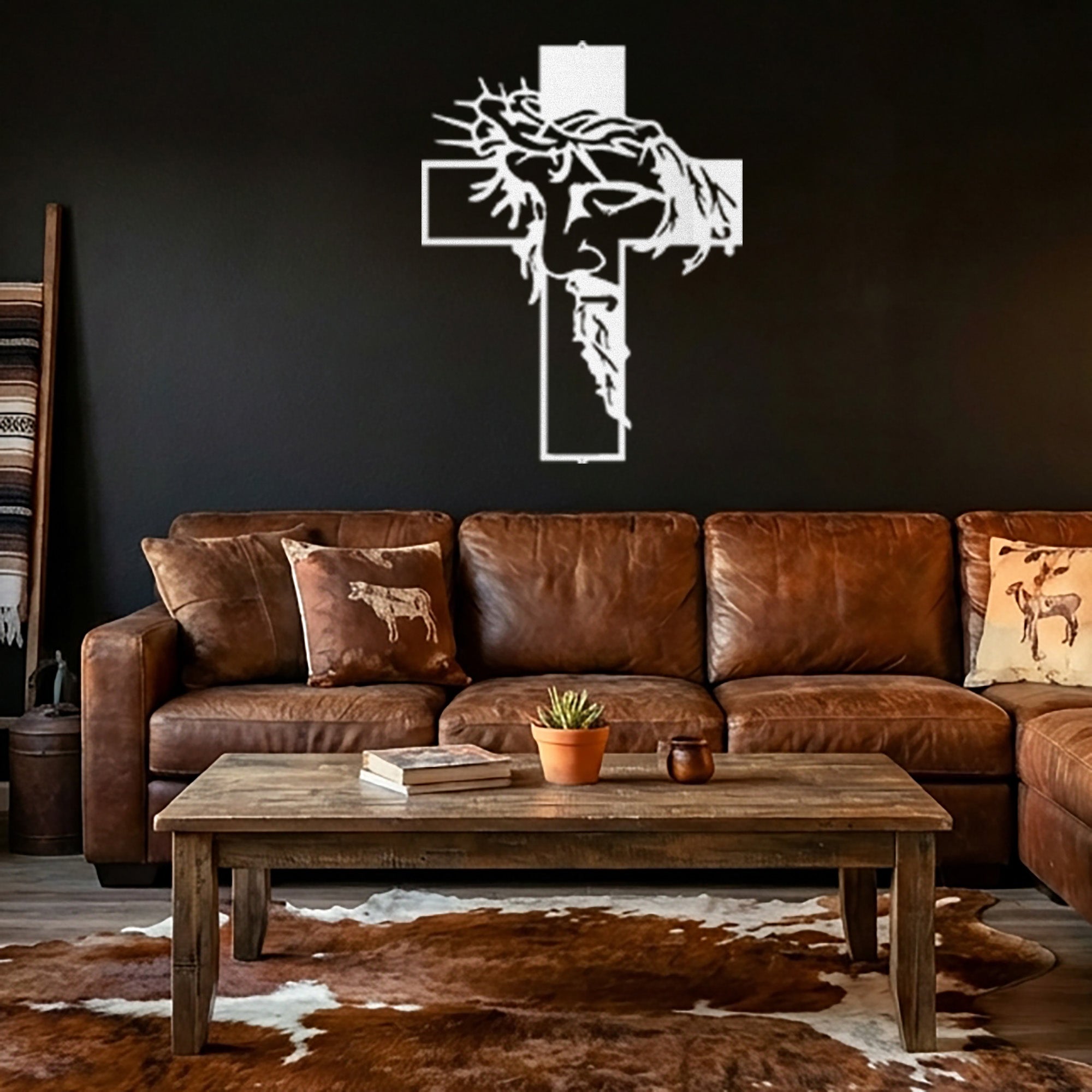 Jesus Cross Metal Wall Art – Crown of Thorns Christian Wall Decor – Inspirational Faith Steel Cross Sign – Religious Home Decor