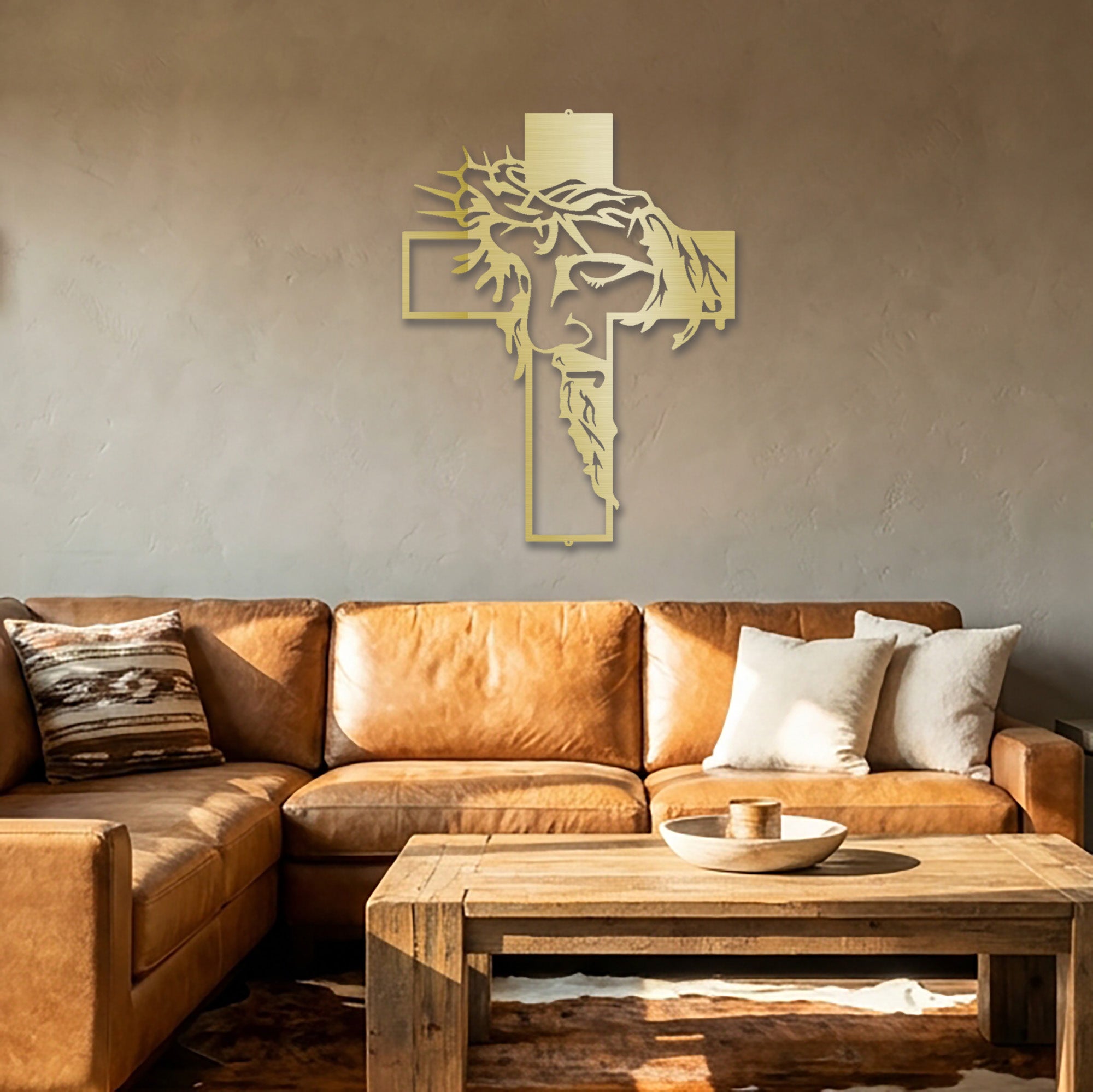 Jesus Cross Metal Wall Art – Crown of Thorns Christian Wall Decor – Inspirational Faith Steel Cross Sign – Religious Home Decor