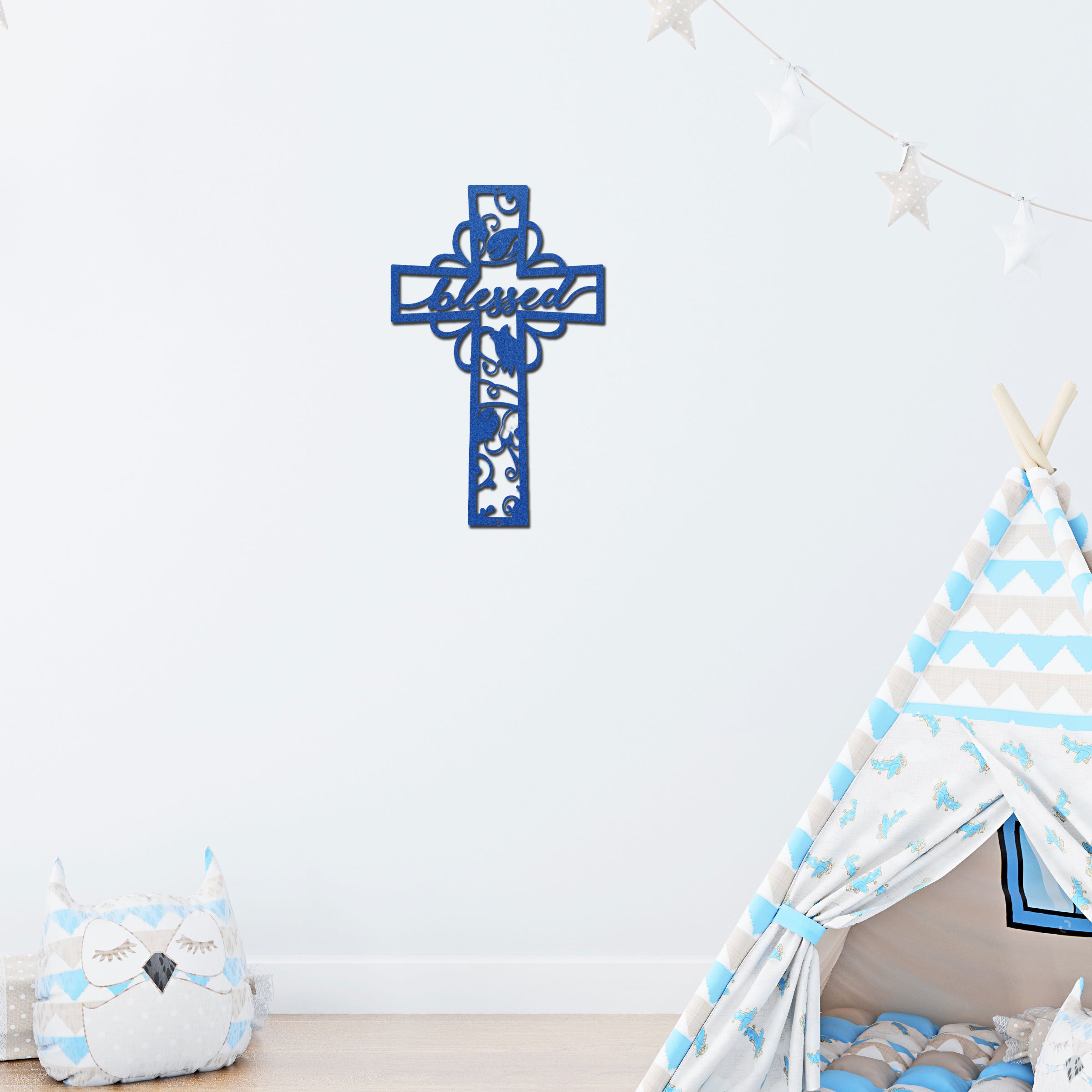 Blessed Cross Metal Wall Art – Christian Floral Cross Decor – Inspirational Faith Steel Sign – Religious Wall Decor