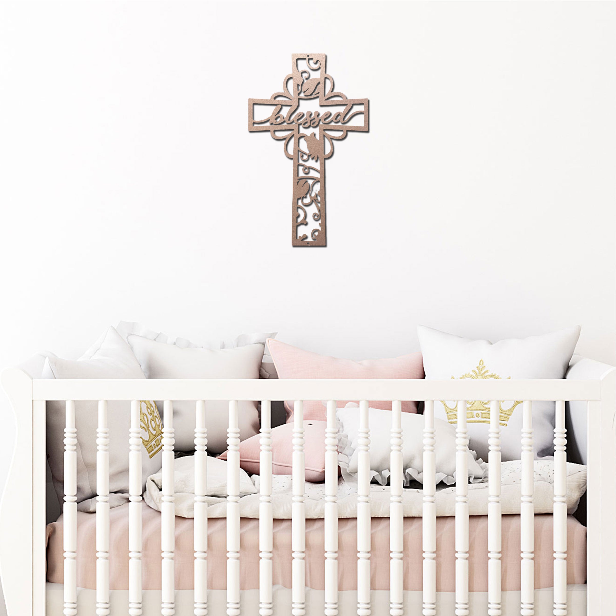 Blessed Cross Metal Wall Art – Christian Floral Cross Decor – Inspirational Faith Steel Sign – Religious Wall Decor