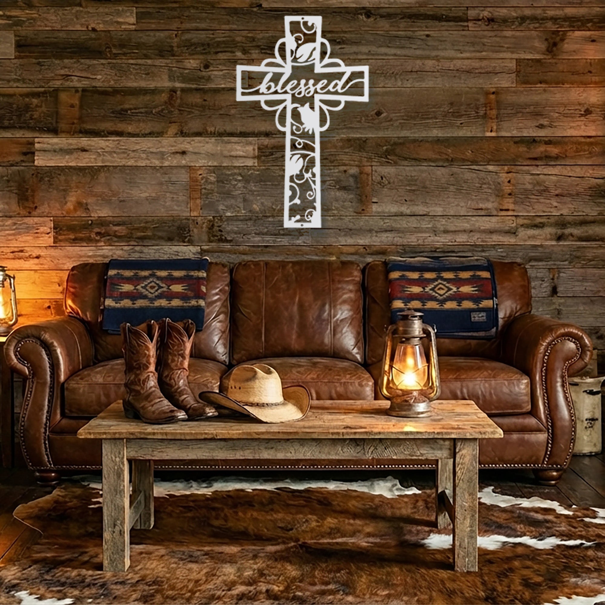 Blessed Cross Metal Wall Art – Christian Floral Cross Decor – Inspirational Faith Steel Sign – Religious Wall Decor