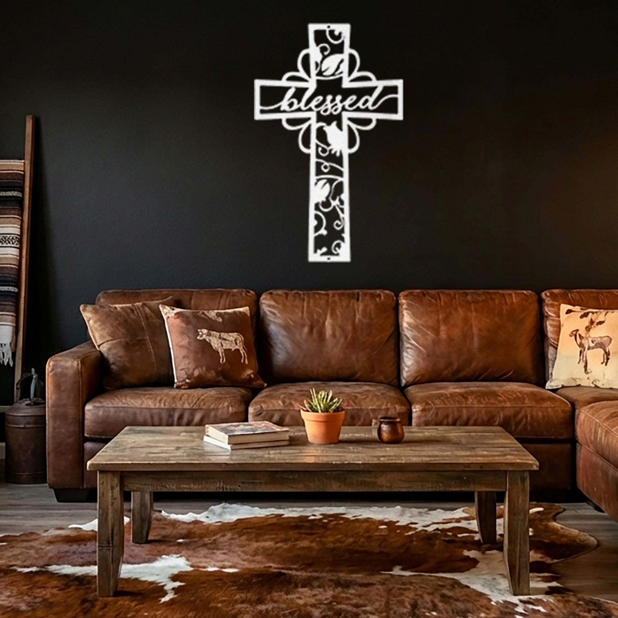 Blessed Cross Metal Wall Art – Christian Floral Cross Decor – Inspirational Faith Steel Sign – Religious Wall Decor