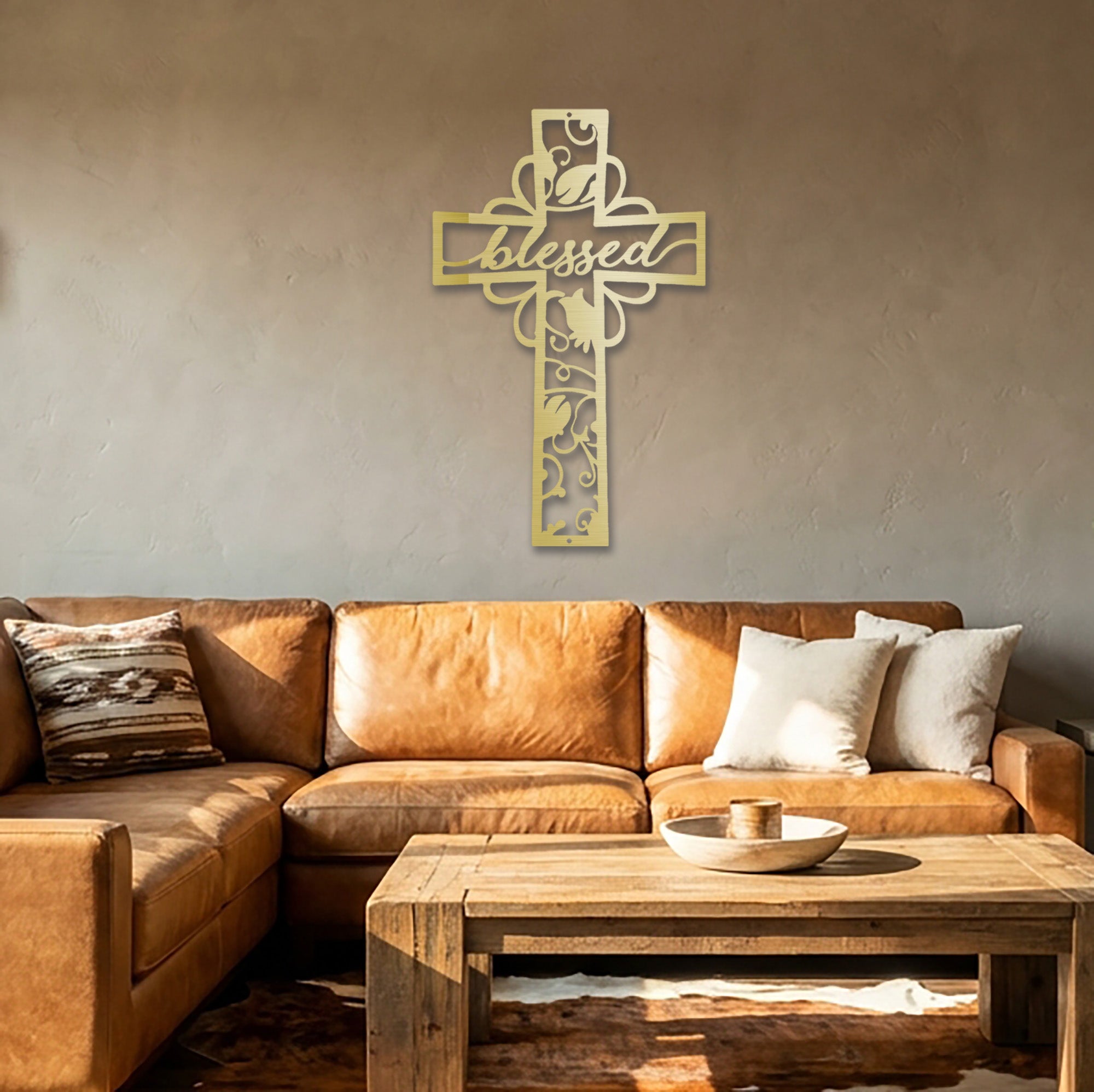 Blessed Cross Metal Wall Art – Christian Floral Cross Decor – Inspirational Faith Steel Sign – Religious Wall Decor