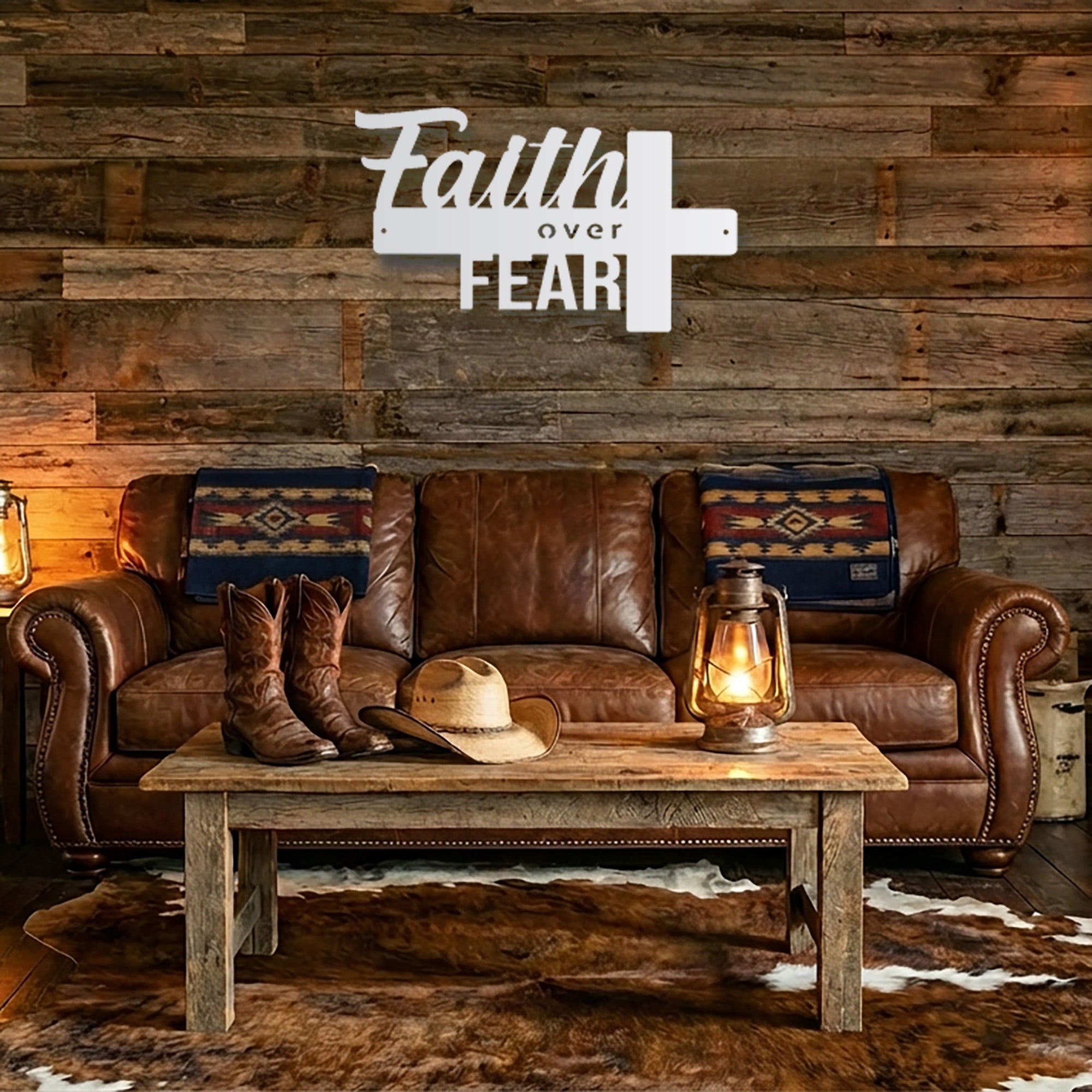 Faith Over Fear Cross Metal Wall Art – Christian Inspirational Wall Decor – Faith Cross Metal Sign – Religious Home Decoration