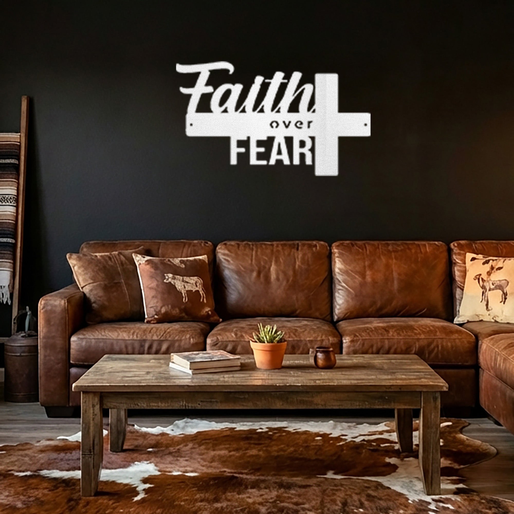 Faith Over Fear Cross Metal Wall Art – Christian Inspirational Wall Decor – Faith Cross Metal Sign – Religious Home Decoration