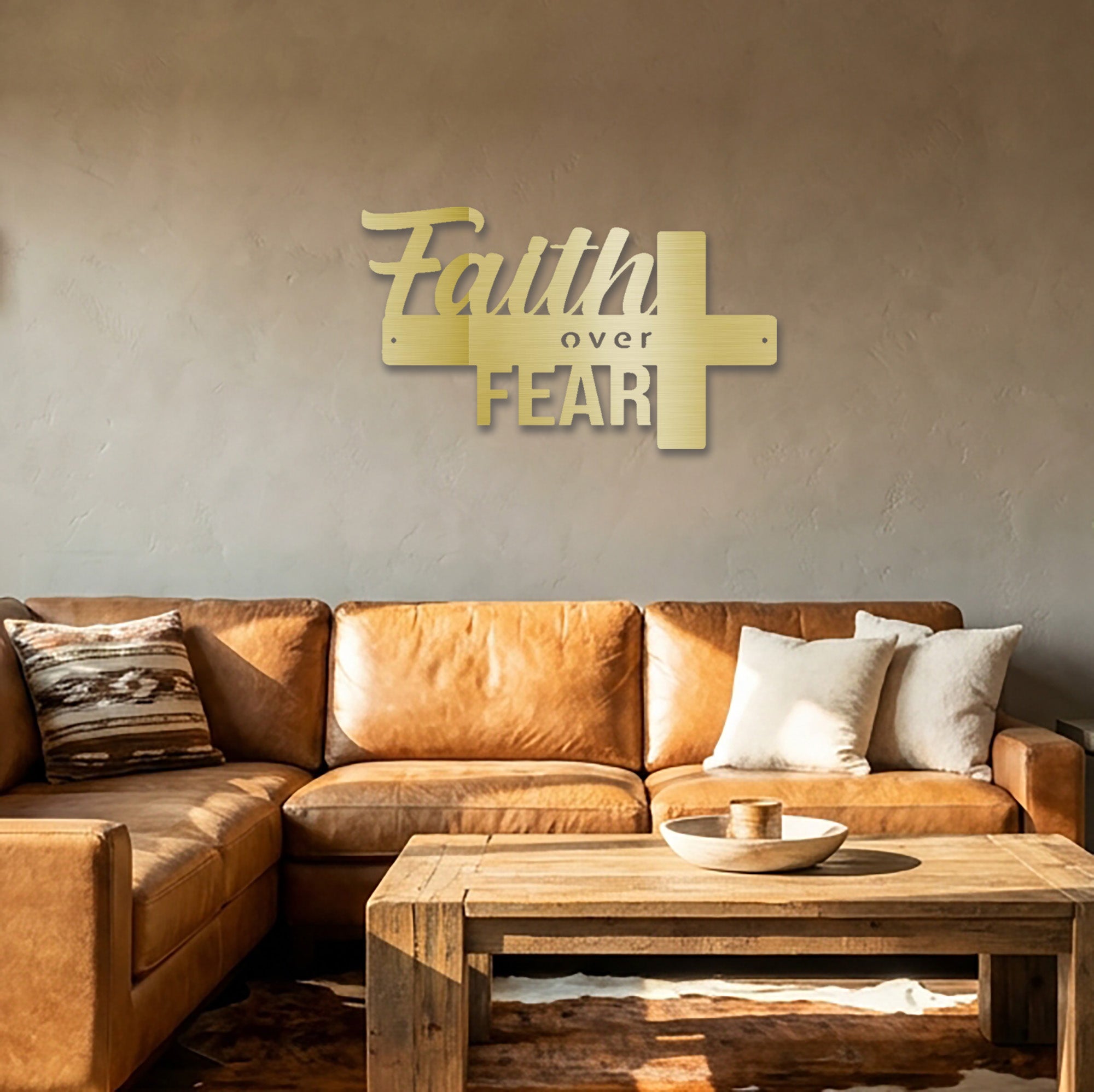 Faith Over Fear Cross Metal Wall Art – Christian Inspirational Wall Decor – Faith Cross Metal Sign – Religious Home Decoration