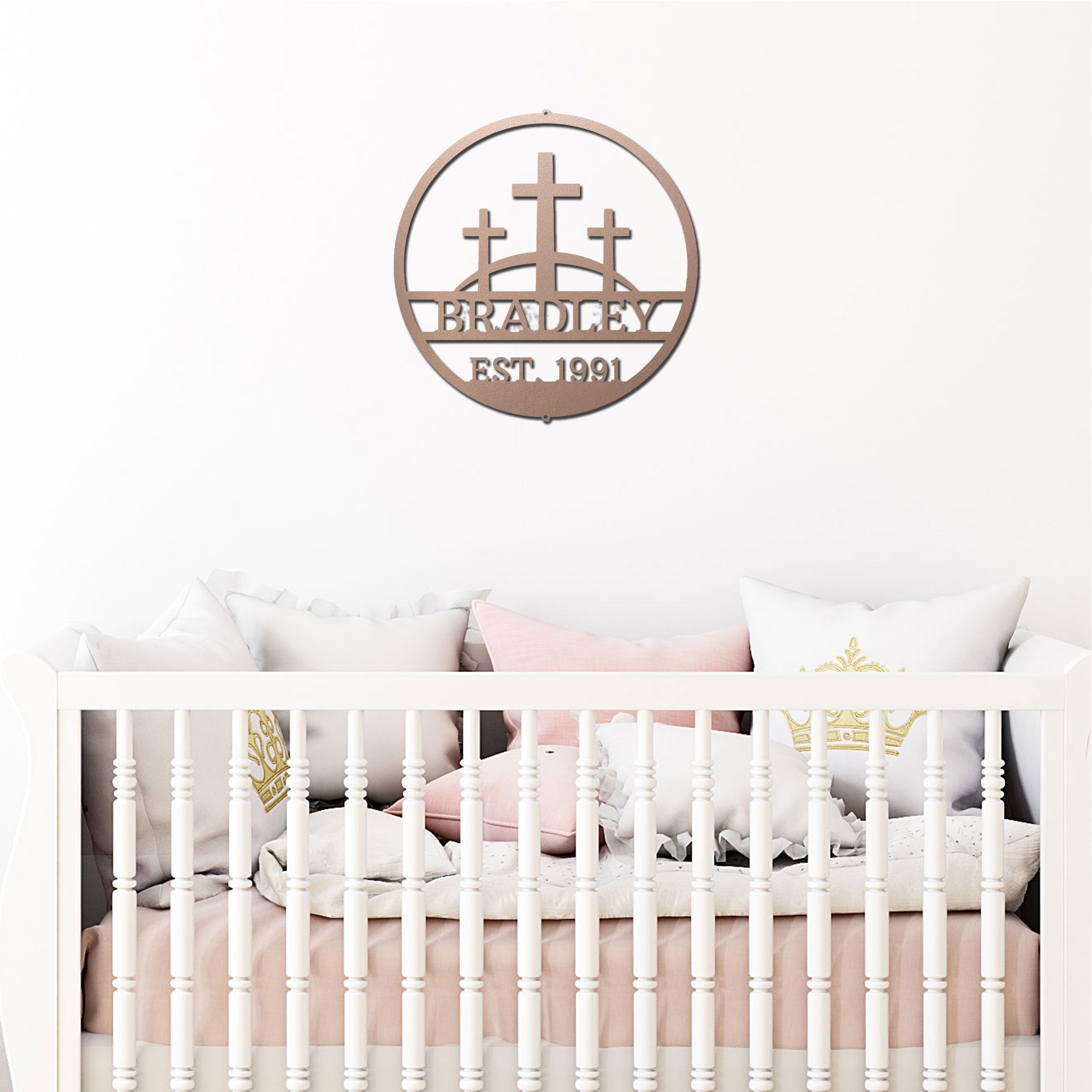 Personalized Christian Family Name Metal Sign – Three Crosses Faith Wall Art – Custom Last Name Established Sign – Christian Home Decor