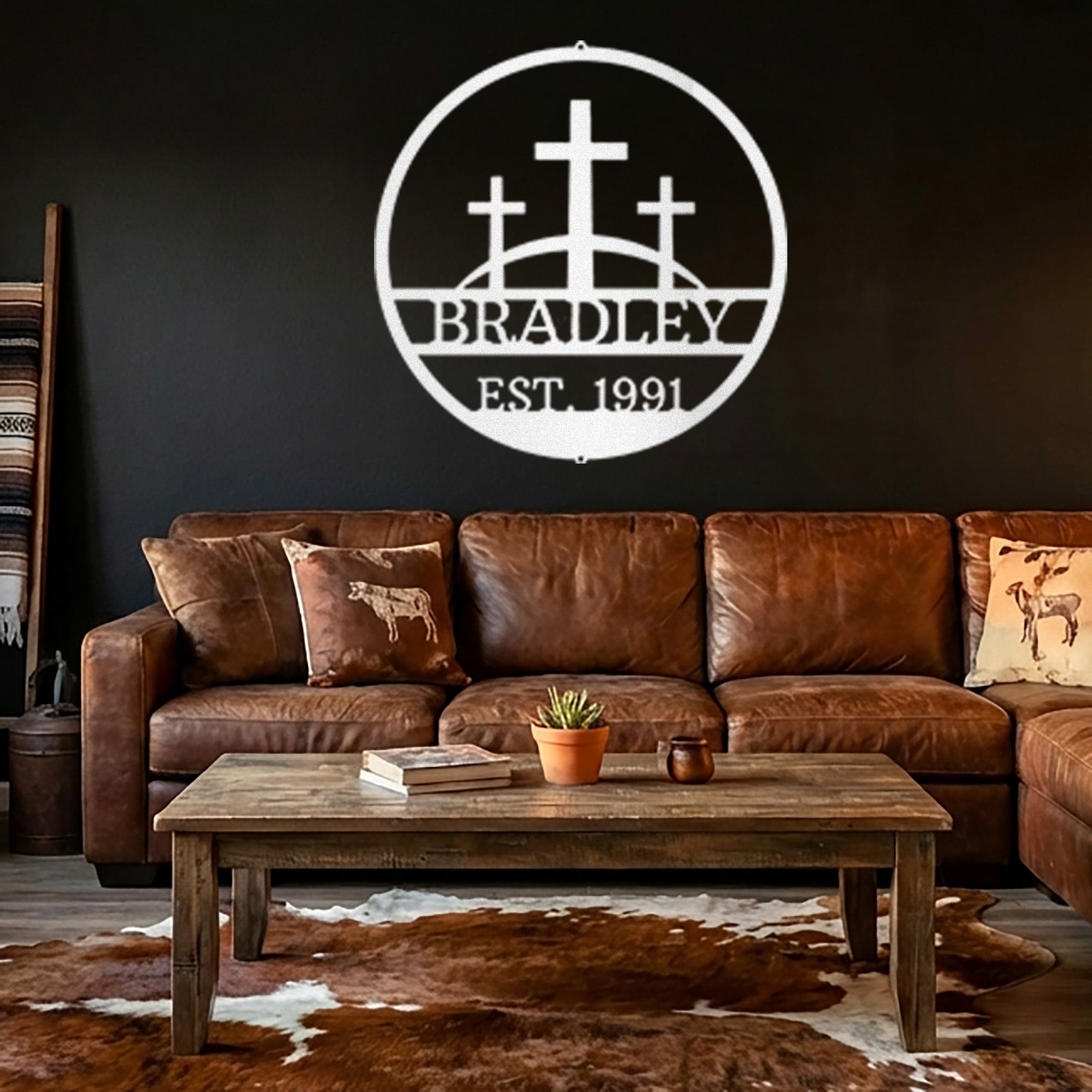 Personalized Christian Family Name Metal Sign – Three Crosses Faith Wall Art – Custom Last Name Established Sign – Christian Home Decor