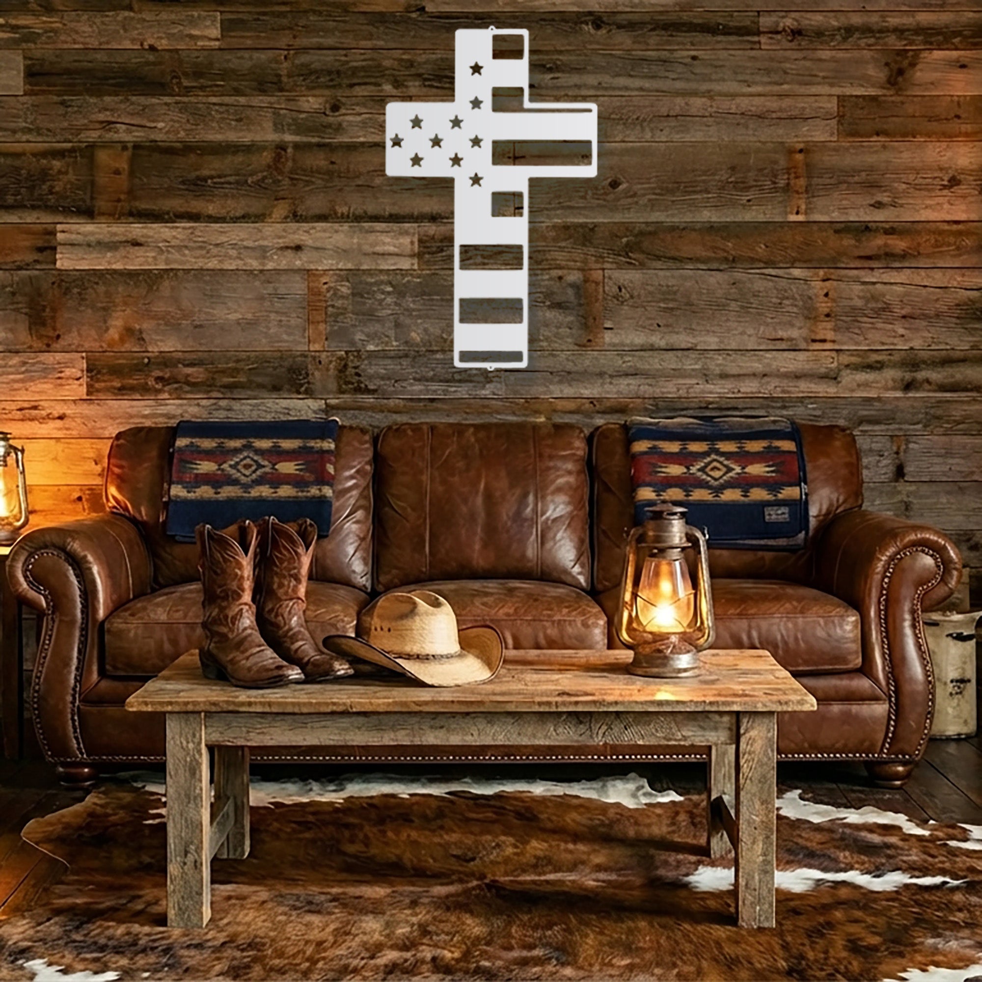American Flag Cross Metal Wall Art – Patriotic Christian Cross Decor – USA Flag Faith Steel Sign – Veteran Tribute Wall Decor