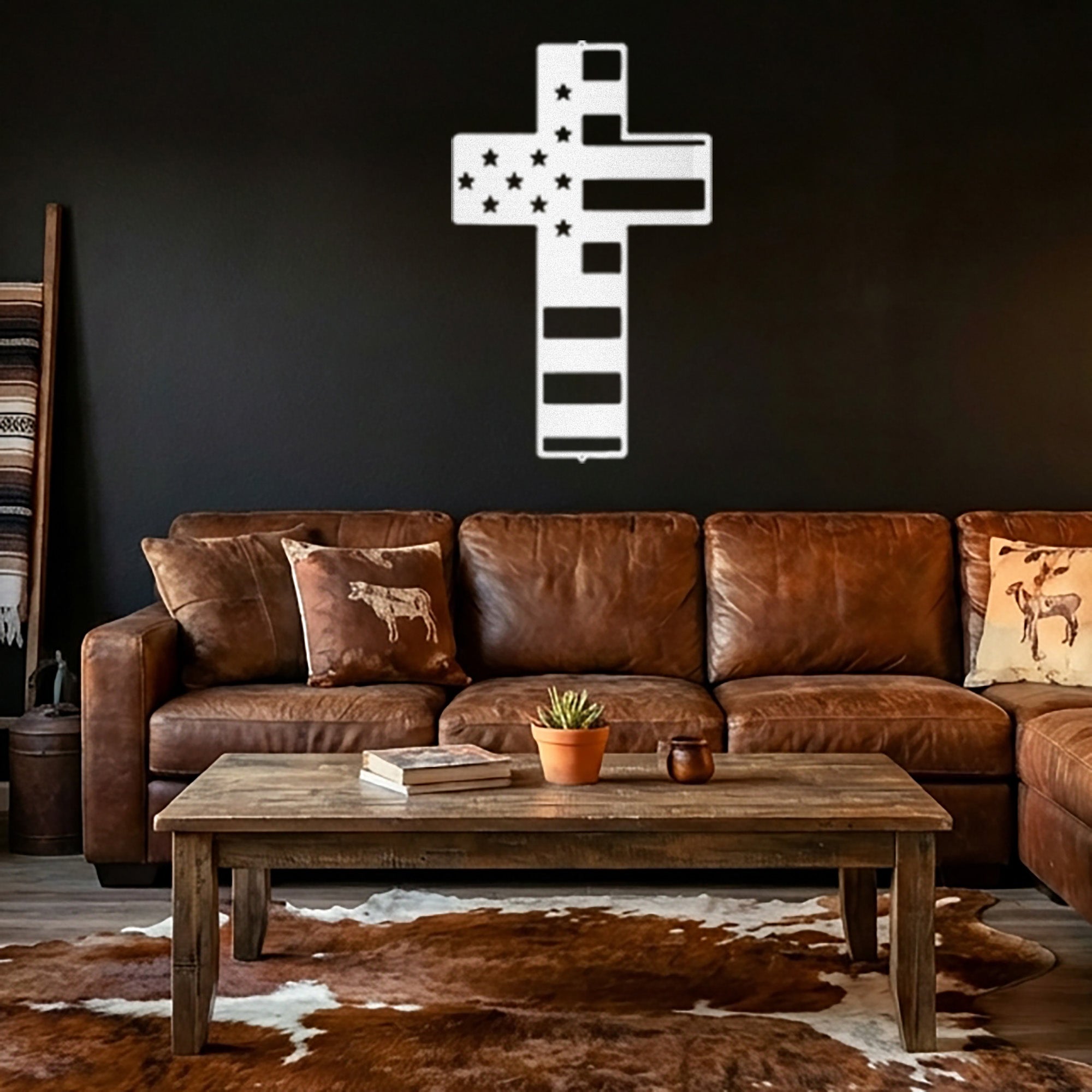 American Flag Cross Metal Wall Art – Patriotic Christian Cross Decor – USA Flag Faith Steel Sign – Veteran Tribute Wall Decor