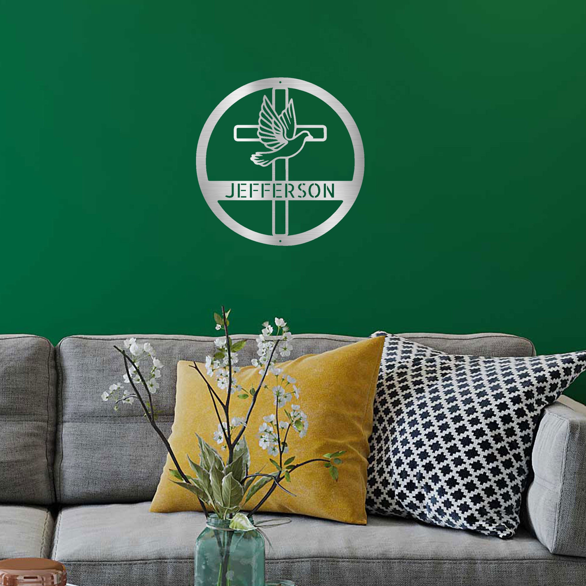 Personalized Christian Cross & Dove Metal Wall Art – Custom Family Name Faith Sign – Laser Cut Steel Religious Home Decor